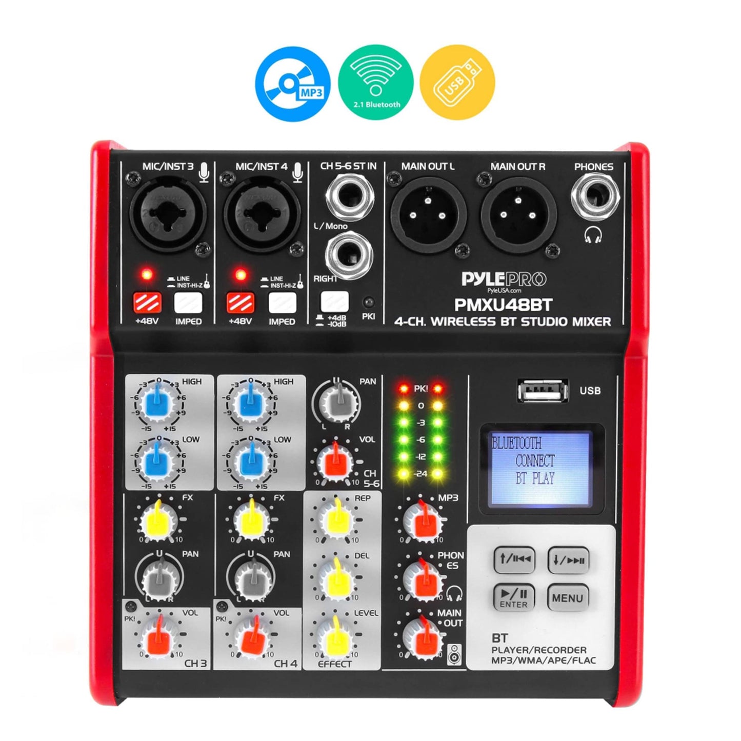 Consola de DJ Digital Pyle Rojo Compatible con Bluetooth y Mezclador USB 4 Canales
