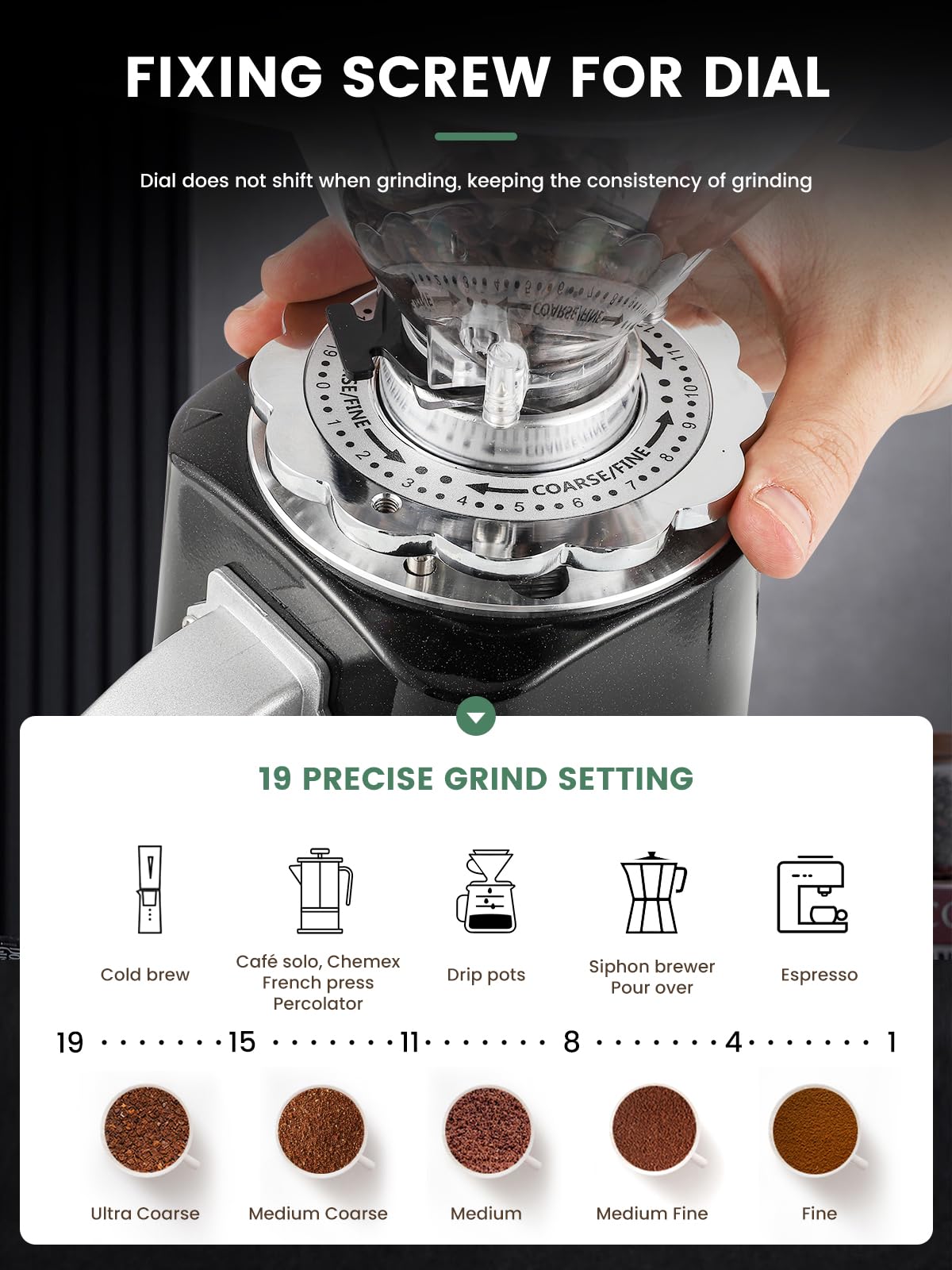 Huanyu molinillo de café eléctrico ajustable molino de fresa plana con 19 ajustes de molienda precisa 35OZ 36Cups de café de grano de la máquina de molienda de actualización automática de punto de acción para Espresso Francés Prensa turco