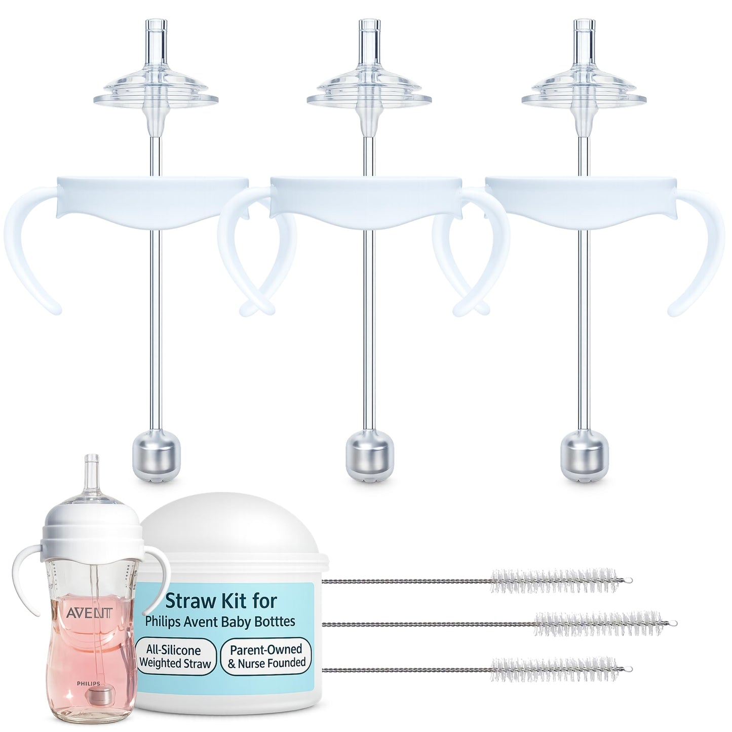 Kit de conversión de taza con pajita para biberones naturales de bebé Philips Avent, 2 unidades, tetinas de pajita de silicona de grado alimenticio y pajita ponderada, asas de botella, cepillo de