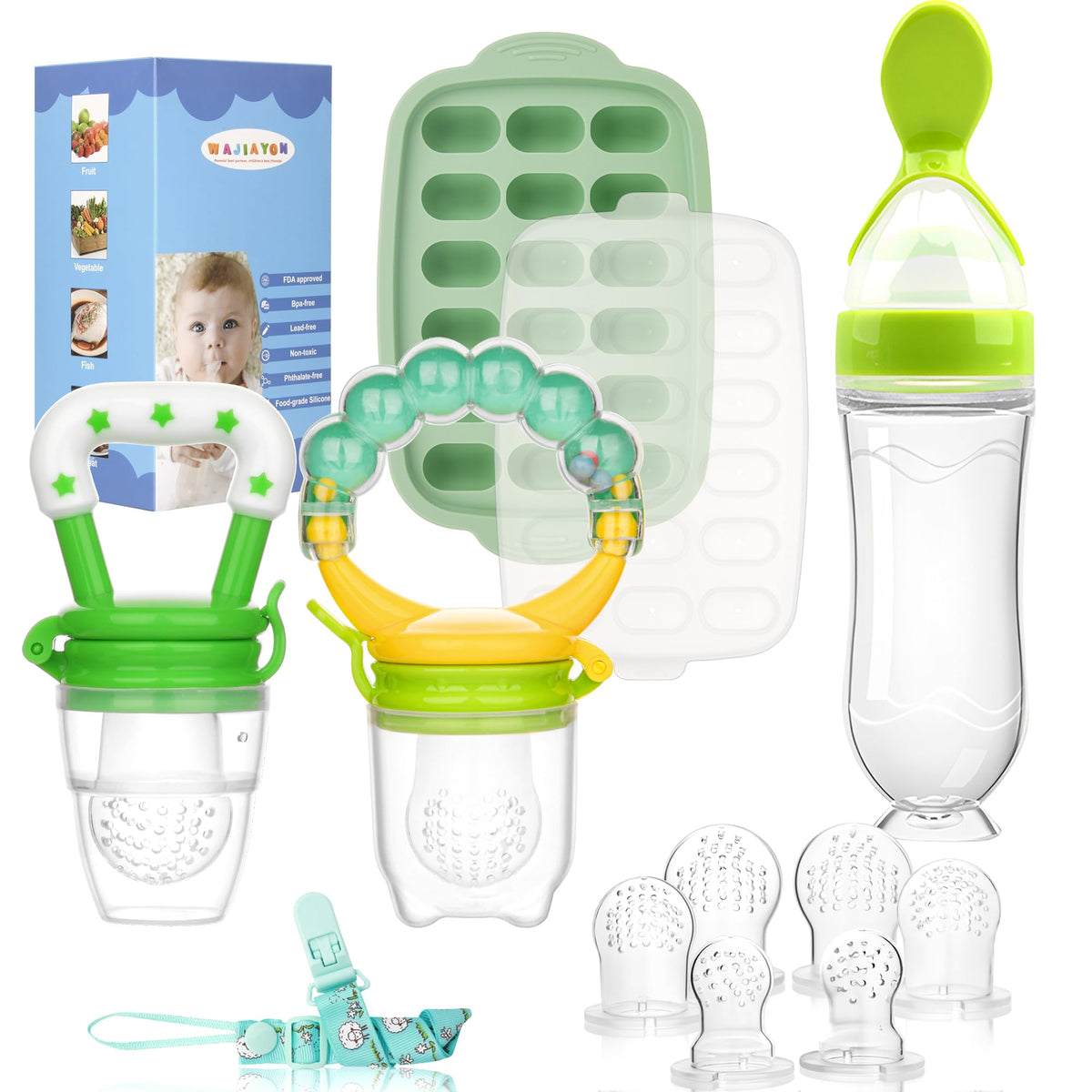 WAJIAYON - Alimentador de frutas para bebés y moldes para paletas de leche materna, bandeja de almacenamiento para congeladores de alimentos para bebés, alimentador para chupetes y mordedores