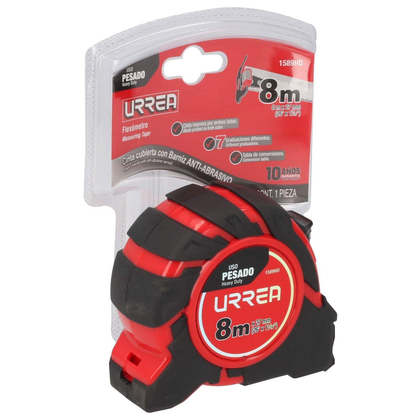 Flexómetro Urrea Heavy Duty con Hoja de Acero y Carátula ABS TPR 8 M x 27 Mm 4 Remaches