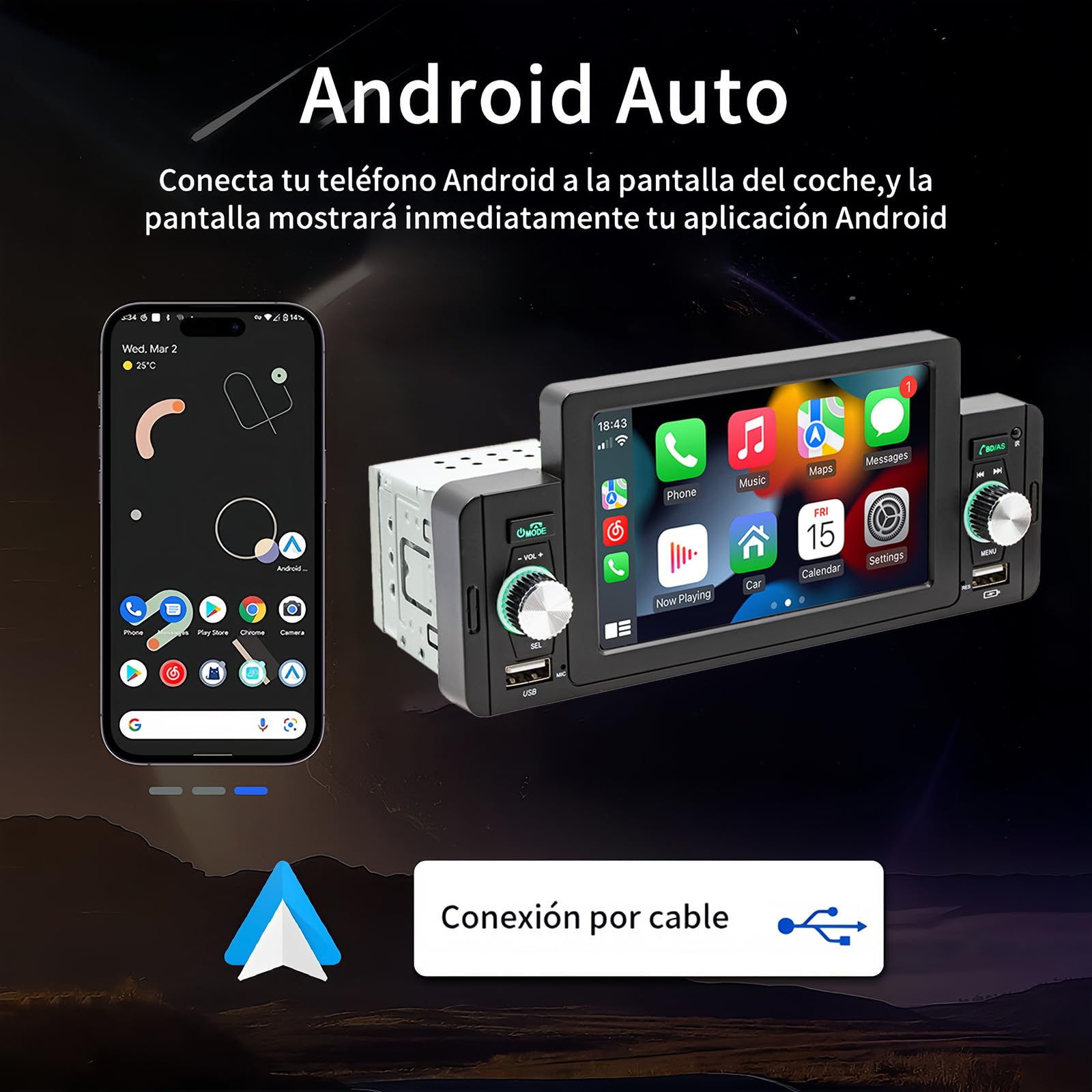 FINYQBET Estéreo 160C para Auto 5 Pulgadas con Bluetooth 5.1, CarPlay, Android Auto, Cámara de Reversa, Control de Volante, MP5, USB, RCA y Pantalla Táctil HD, Compatible con Vehículos de 12V