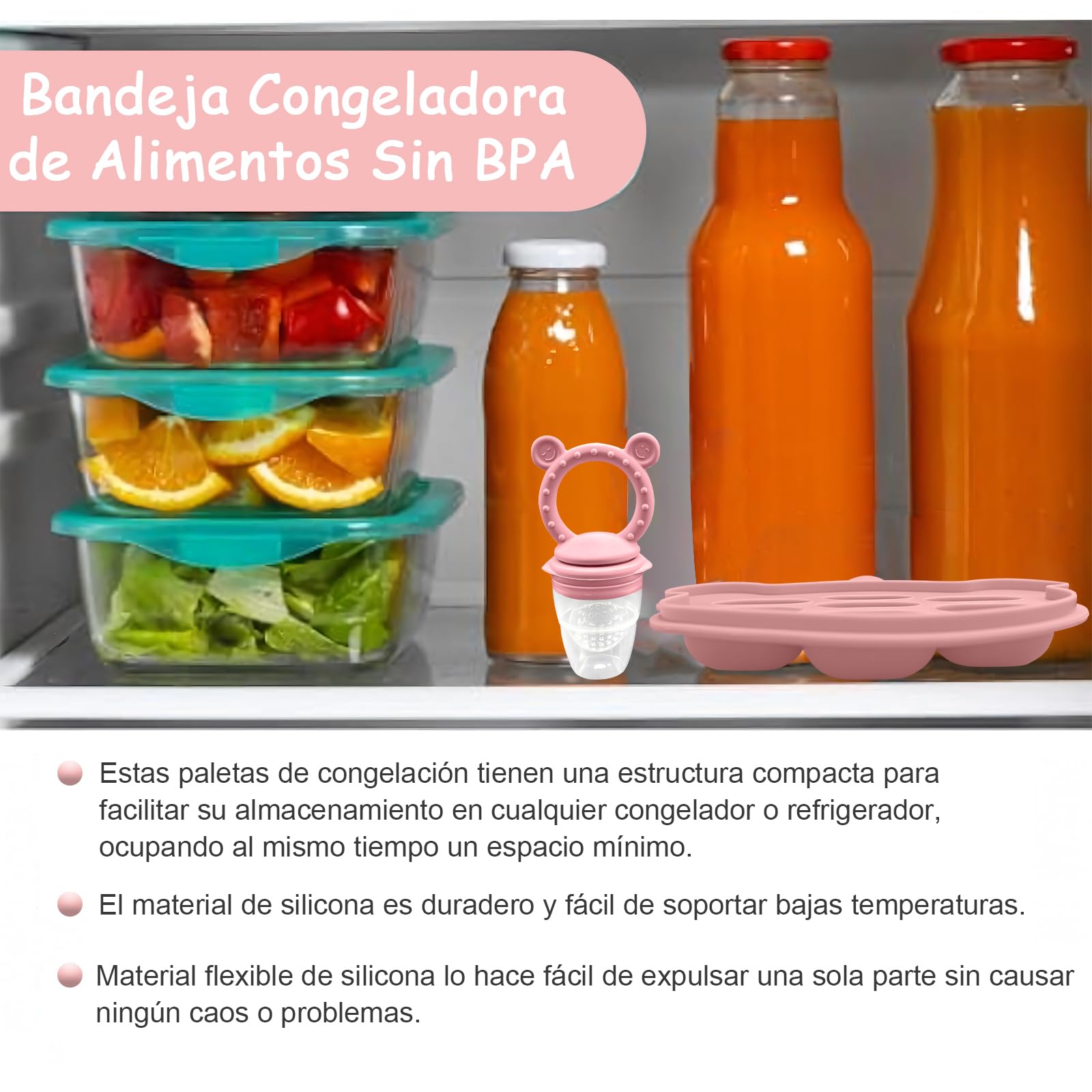 EHRHDKNS Bandeja Congeladora de Alimentos para Bebés Sin BPA, Adecuado para la Introducción Segura de Alimentos, Fruta y Papillas a Partir de los 4 Meses, Fortalece los Dientes del Bebé y le Ayuda a Comer Sano (Rosa, Sonriente)