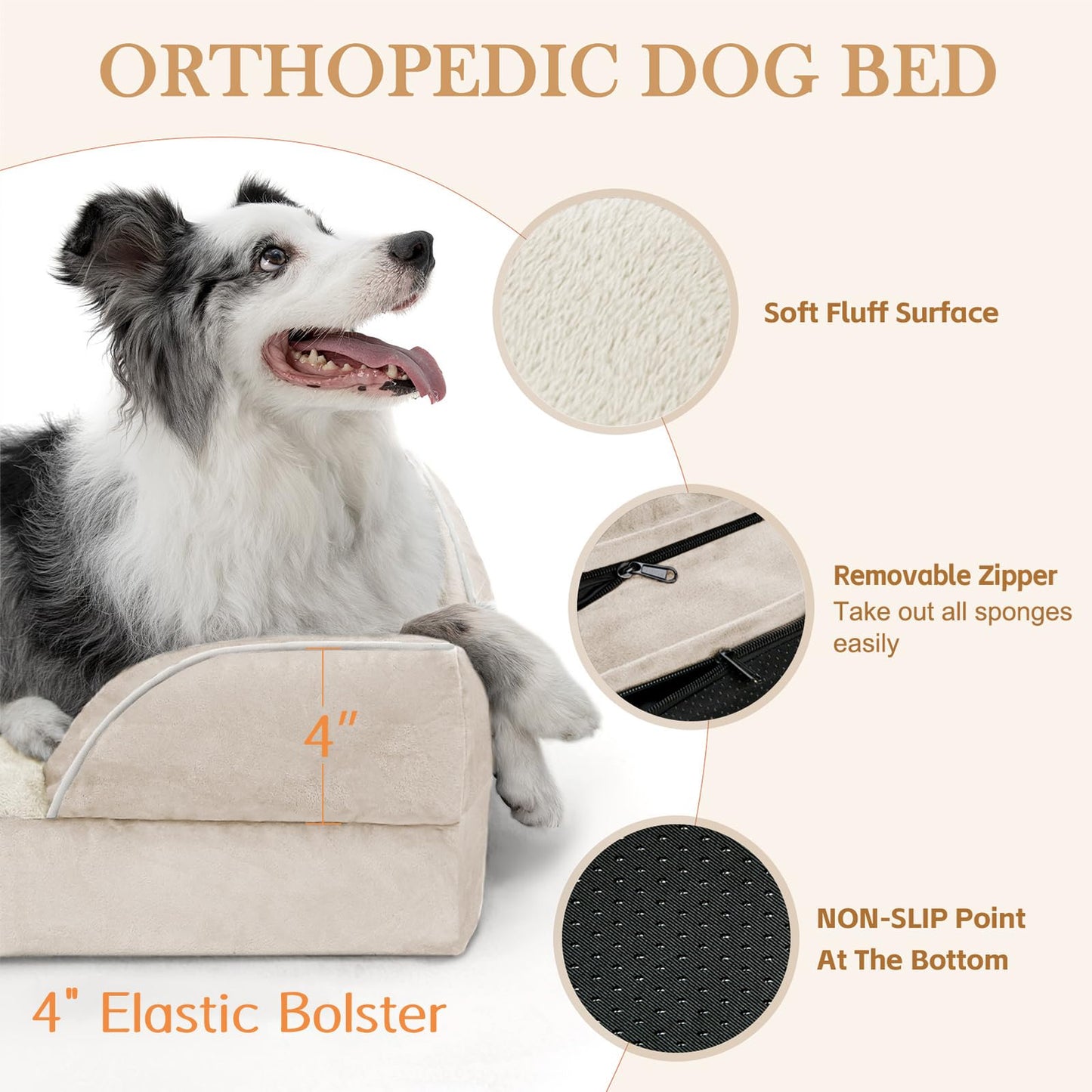 Comfort Expression - Camas grandes para perros impermeables de espuma ortopédica para perros, cómoda cama para mascotas con funda extraíble lavable y parte inferior antideslizante (L, beige)