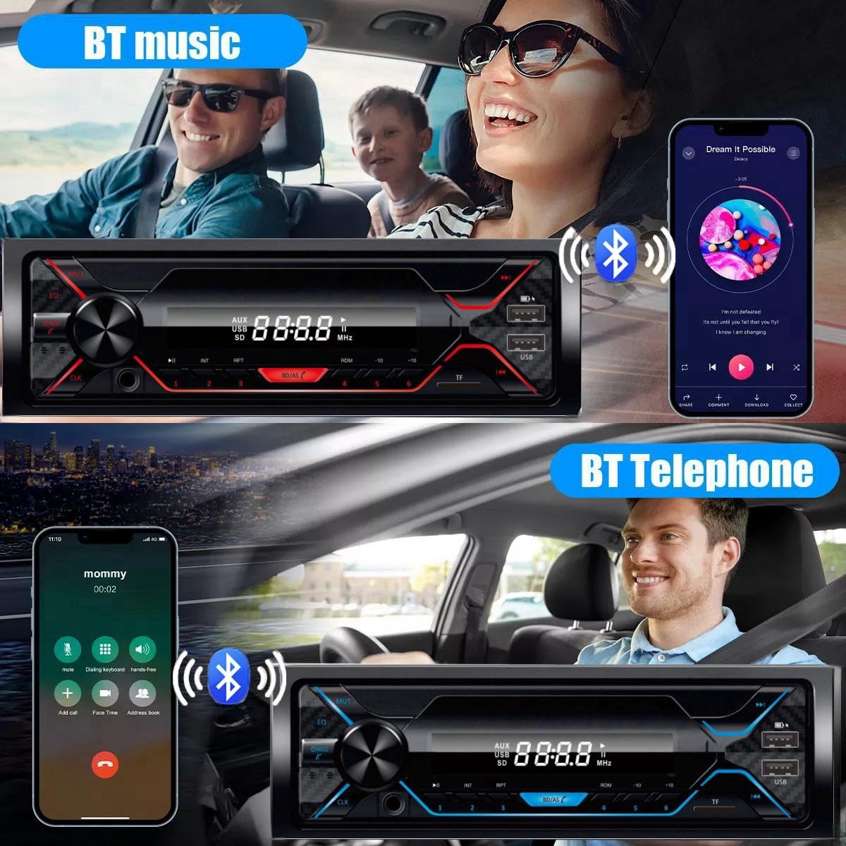 Auto Estereo Bluetooth MP3 Radio Reproductor Música De Coche Manos Libres FM SD Aux USB Luz Multicolores