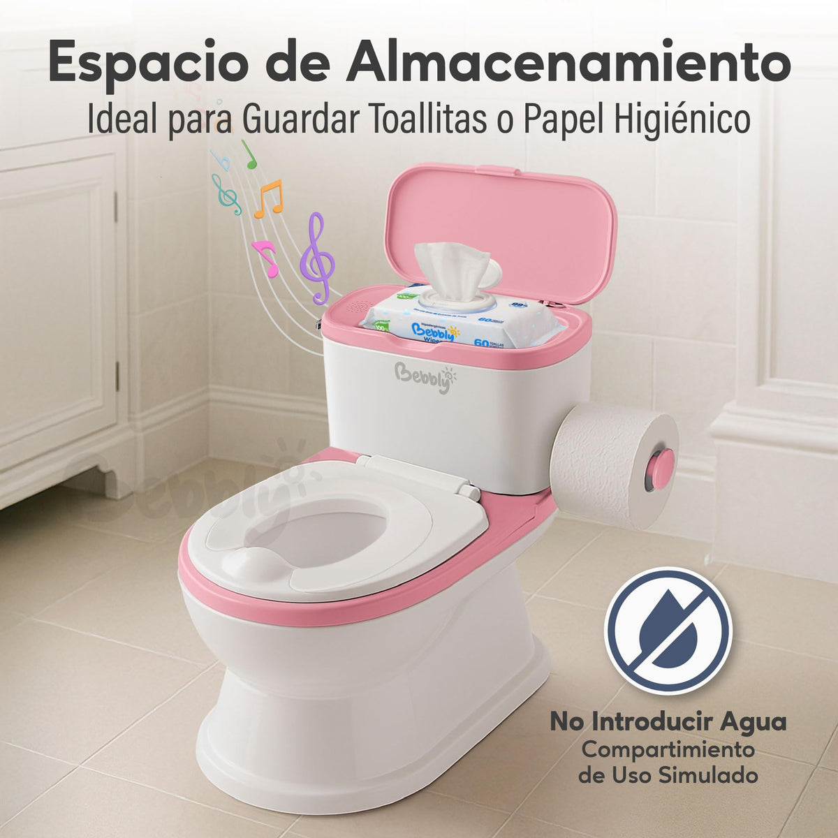 BEBBLY Bañito Entrenador Infantil con Sonido Musical Portarrollo y Almacenamiento Asiento Antiderrapante para Niños y Niñas de 6 Meses a 3 Años Fácil de Limpiar Ideal para Aprender a Ir al Baño (Rosa)