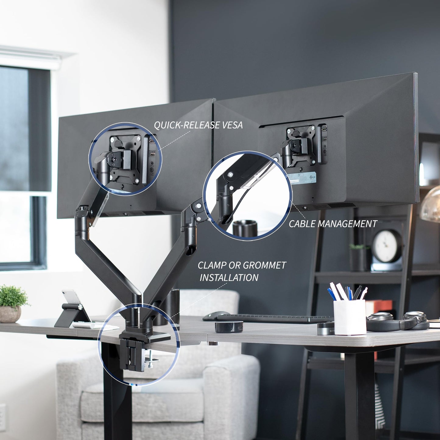 Soporte de Escritorio Vivo Negro para Dos Monitores Ultraanchos Ajustable neumáticamente