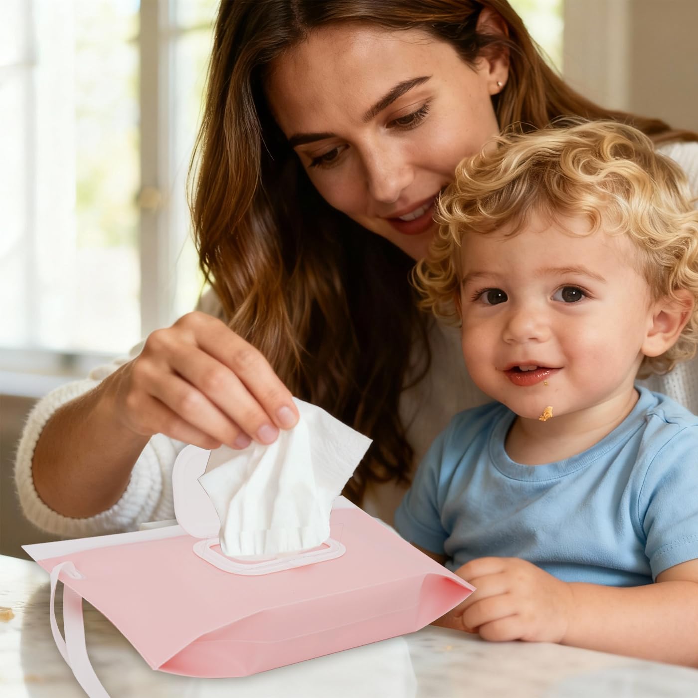 eoscasely - Dispensador de toallitas y contenedores, paquete de 2 soportes reutilizables para toallitas y fundas de viaje, bolsa recargable para artículos esenciales para bebés, diseño de rubor y lazo