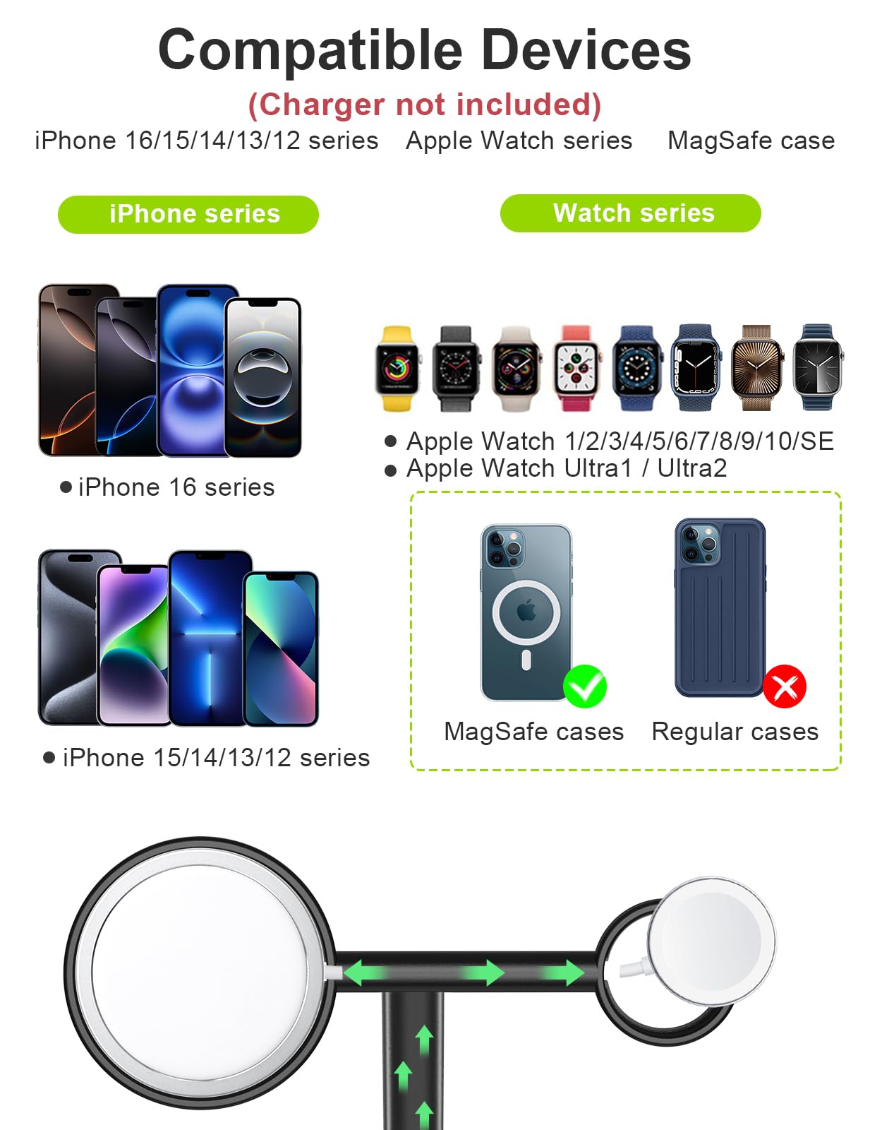 Soporte de Carga EWA MagSafe Negro con Ángulo de Visión Ergonómico para iPhone y Apple Watch