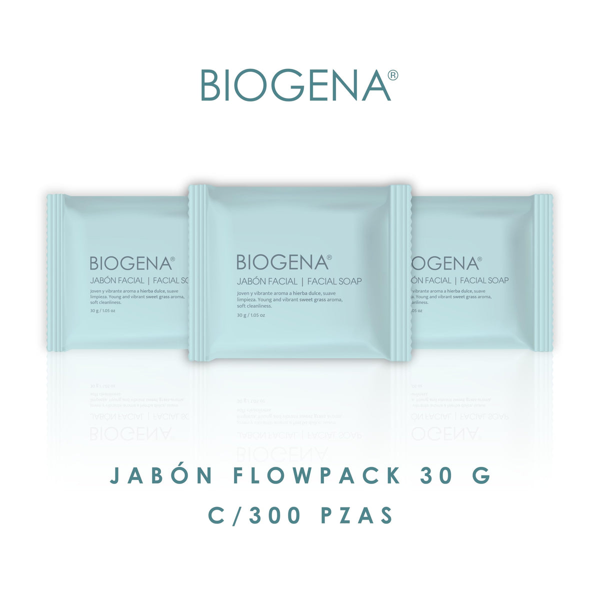 Jabón Hotelero Biogena Flowpack 30 g Caja con 300 Piezas | Jabón Individual para Airbnb, Hoteles y Spa | Aroma Cítrico Floral, Amenidades Premium para Huéspedes