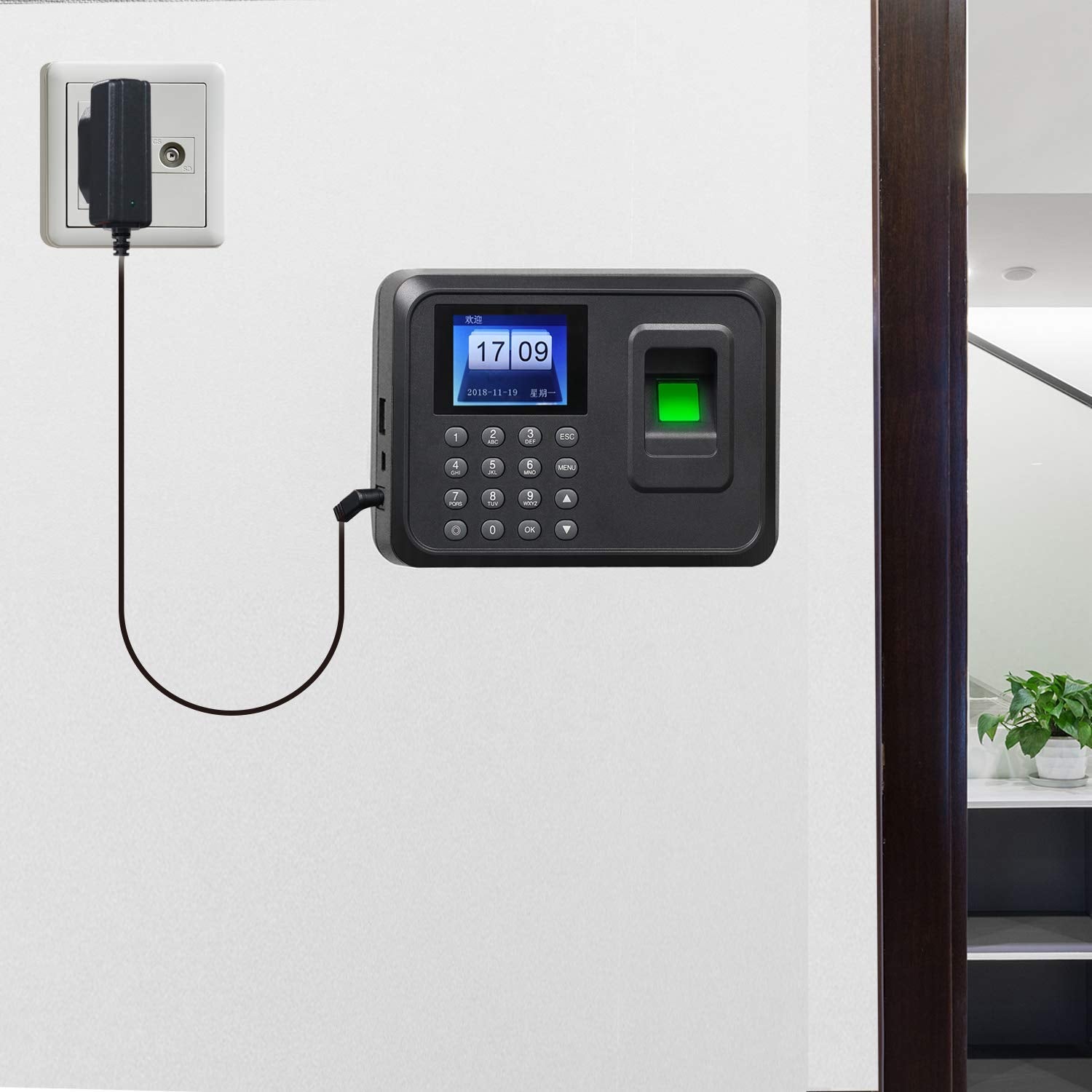 AVEDISTANTE Máquina Fichar, Máquina de Asistencia Biométrica de Huella Dactilar con Sistema Española Pantalla LCD Memoria Flash de 8GB, Relojes para Fichar con Capacidad de 1000 Huellas Dactilares