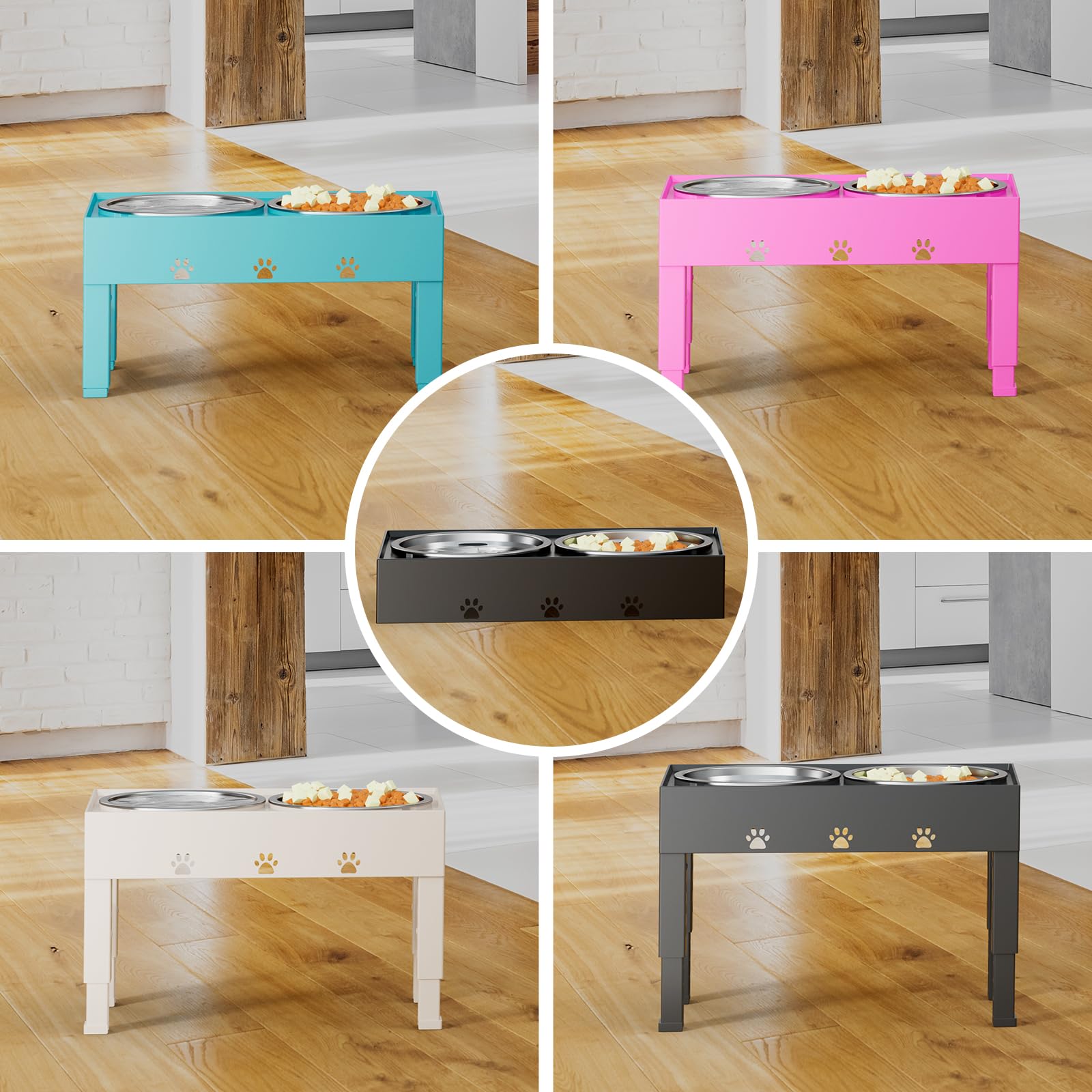 LAKIPETN - Cuencos elevados para perros con 2 cuencos de acero inoxidable para comida para perros, 5 cuencos elevados de altura ajustable que se ajusta a 3.1 pulgadas, 9 pulgadas, 10 pulgadas, 11 pulgadas, 12 pulgadas, plato antideslizante para perros peq