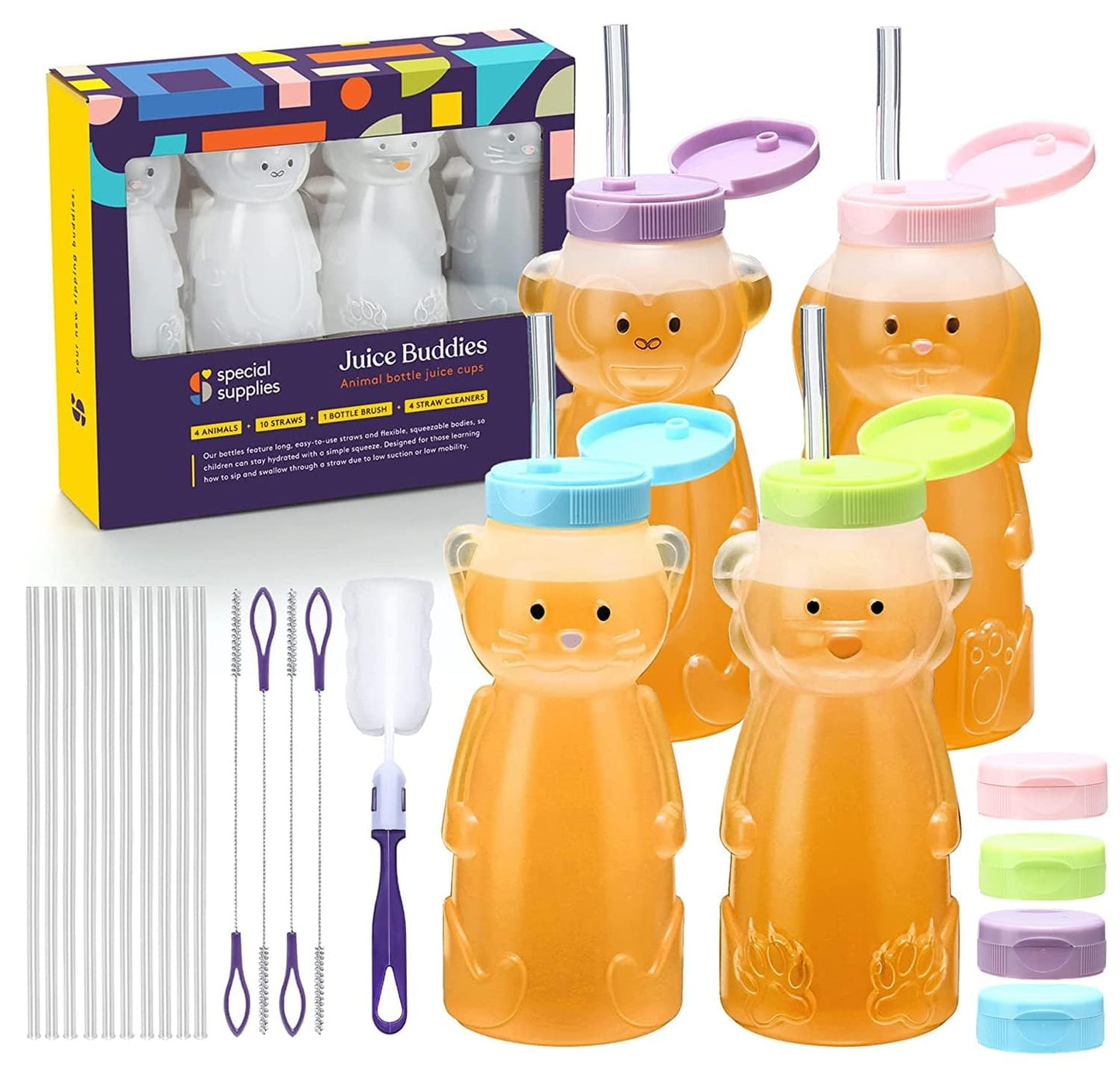 Special Supplies - Taza de pajita para bebés, paquete de 4, divertida bebida de entrenamiento con forma de animal para bebé con forma de animal para entrenamiento y destete