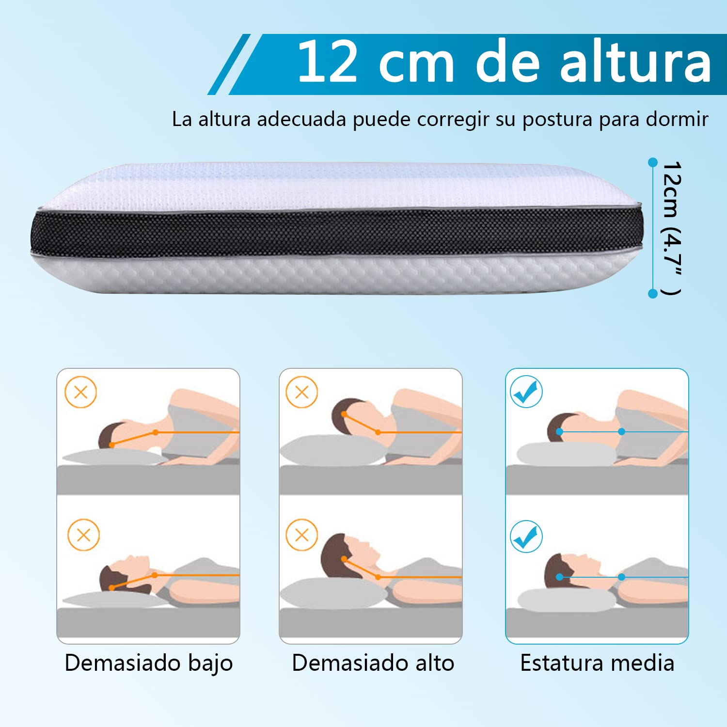 AzzmaAii Almohada de Espuma con Memoria para Cuello Almohada Cool Gel Almohada de Apoyo Cervical Ventilada de Memory Foam Gel para Aliviar Dolor de Espalda Estómago Lateral Funda Lavable Suave Blanco