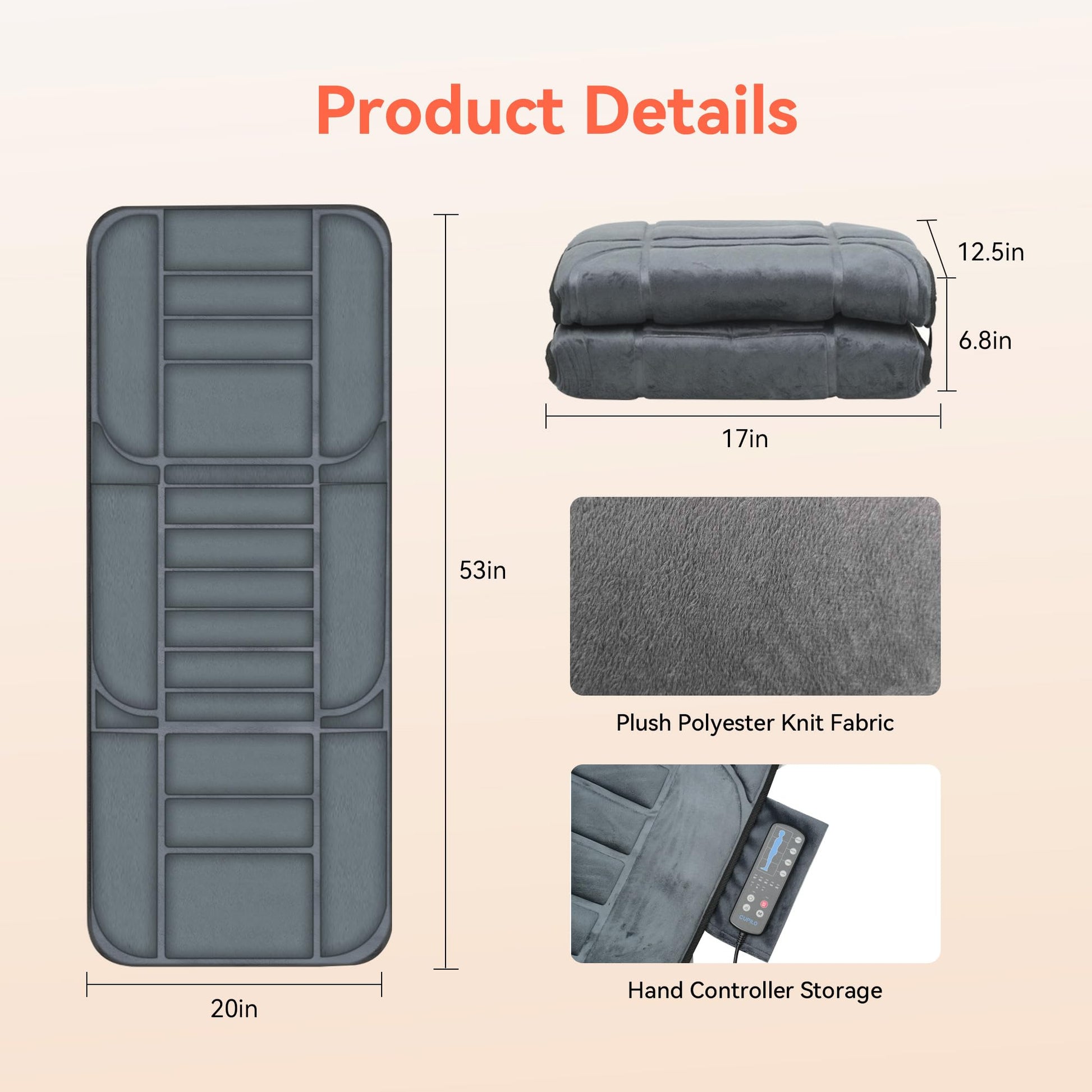 CuPiLo - Alfombrilla de masaje de cuerpo completo con 10 motores vibratorios, terapia de calor, negro, 53 x 6 x 17 pulgadas