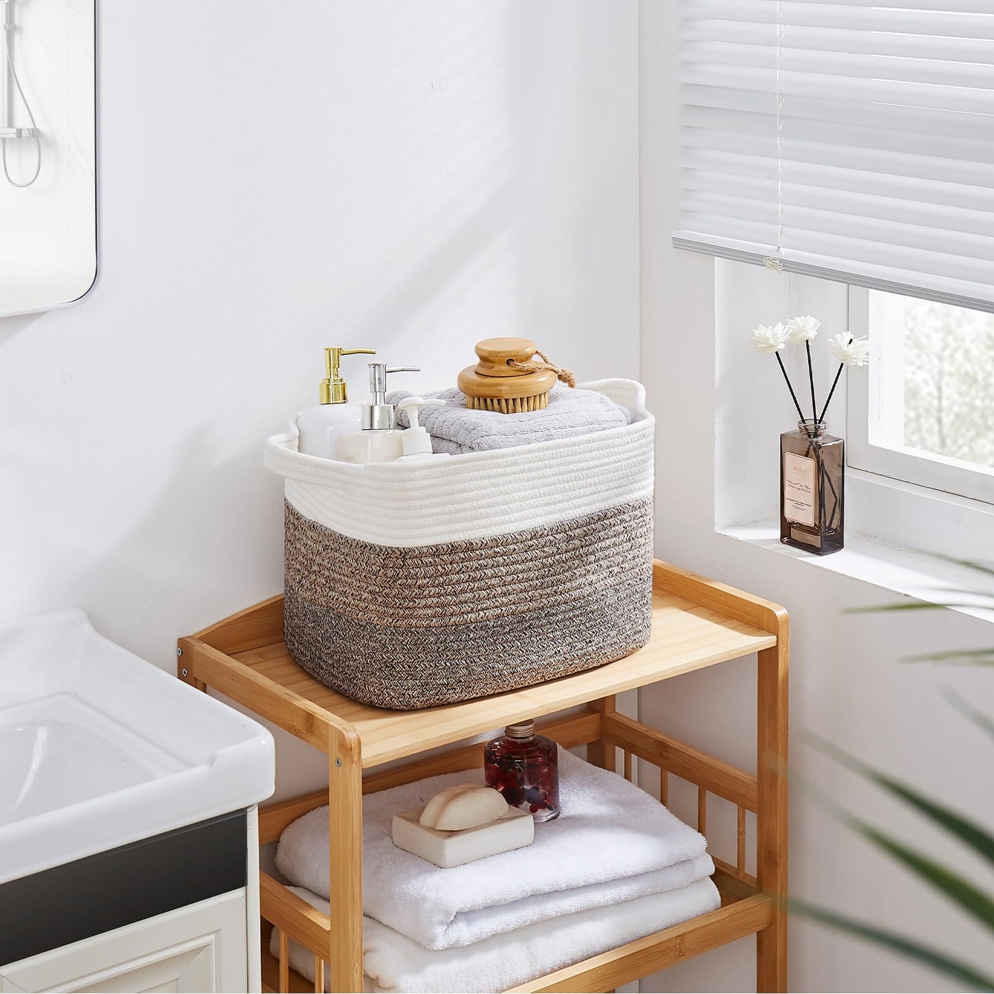 OIAHOMY Cesta de almacenamiento, cestas tejidas para almacenamiento, cesta de cuerda de algodón para juguetes, cestas de toalla para baño, paquete de 3, café oscuro degradado