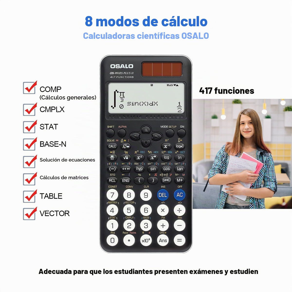Calculadora Científica OSALO Negro 417 Funciones Pantalla de Escritura para Estudiantes