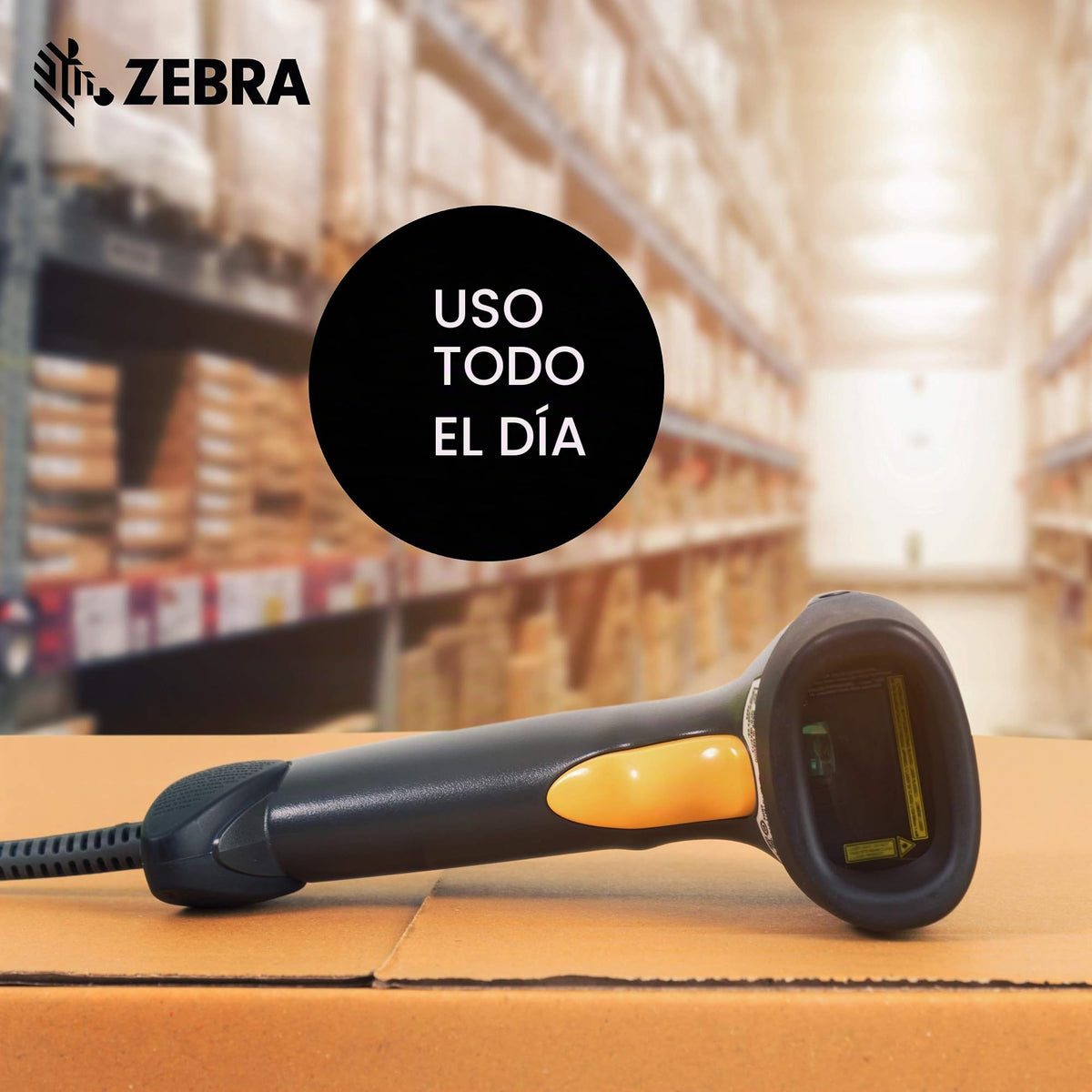 Escáner Láser de Mano Zebra Negro Crepúsculo con Cable y Soporte de Cuello de Cisne