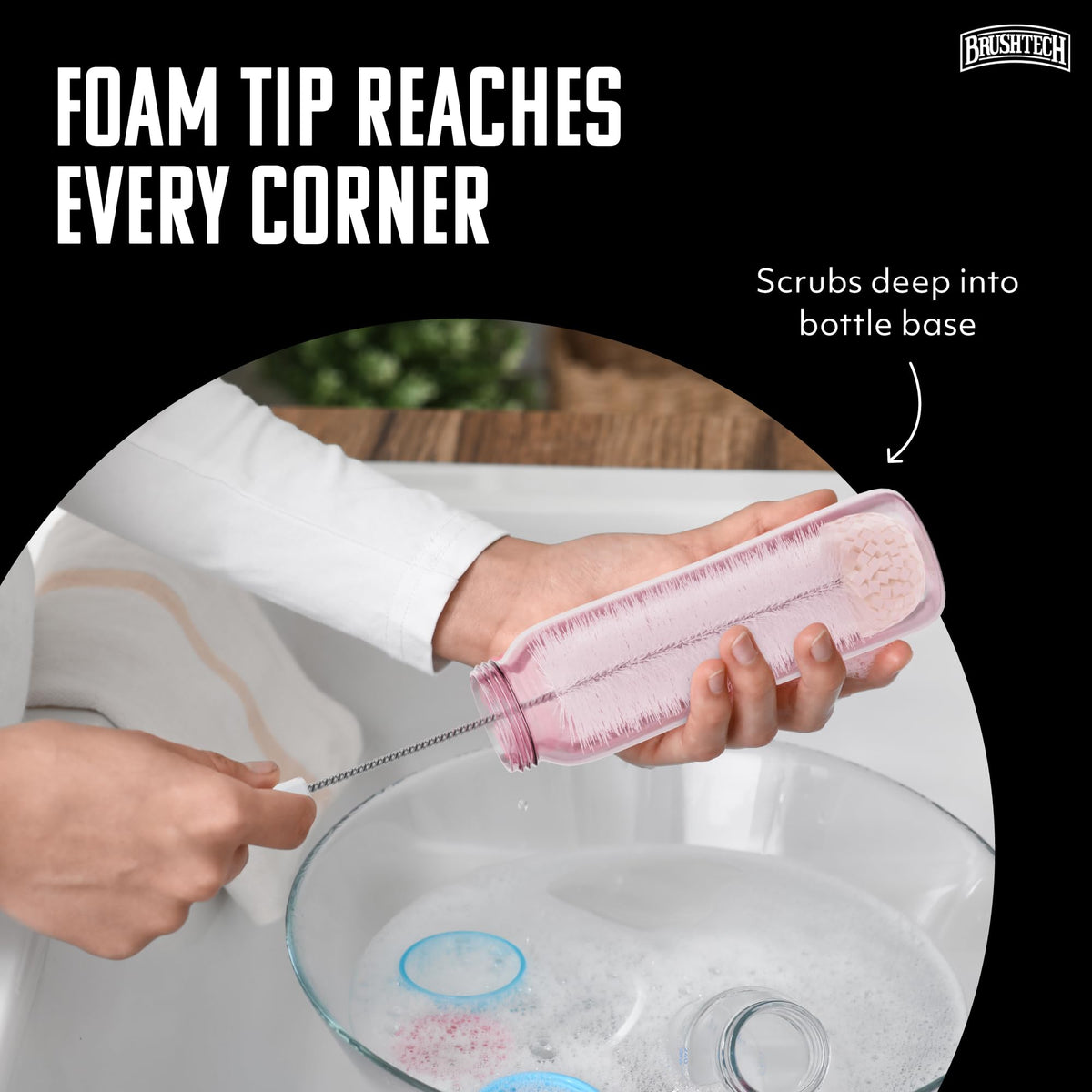 Brushtech - Cepillo para biberones con punta de espuma, paquete de 2 – cerdas duraderas y suaves y punta de espuma para limpieza profunda de biberones, fabricado en Estados Unidos, herramientas de