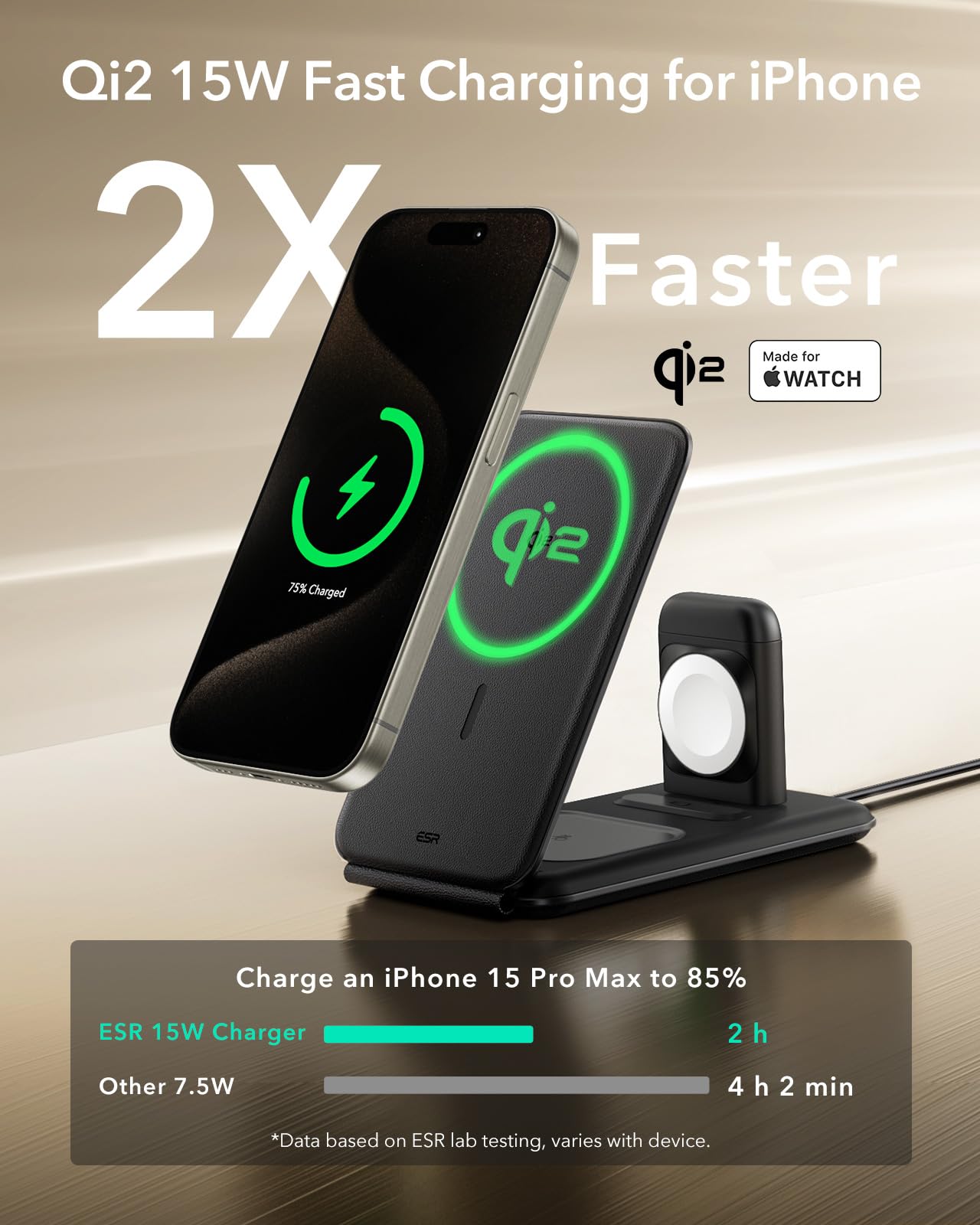 Estación de Carga 3 en 1 ESR para Apple en Blanco con Qi2 MagSafe Cargador 15W para iPhone y Watch