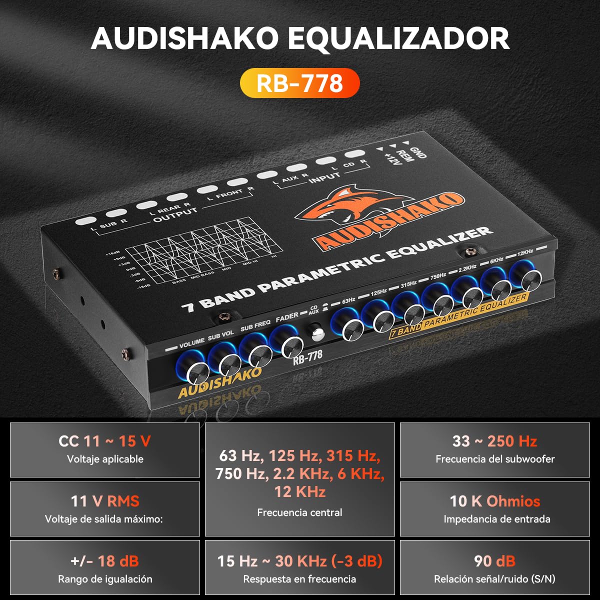 Ecualizador AUDISHAKO 7 Bandas 6 Salidas RCA 4 Entradas RCA con Indicador LED para Carros, Pickups y SUV