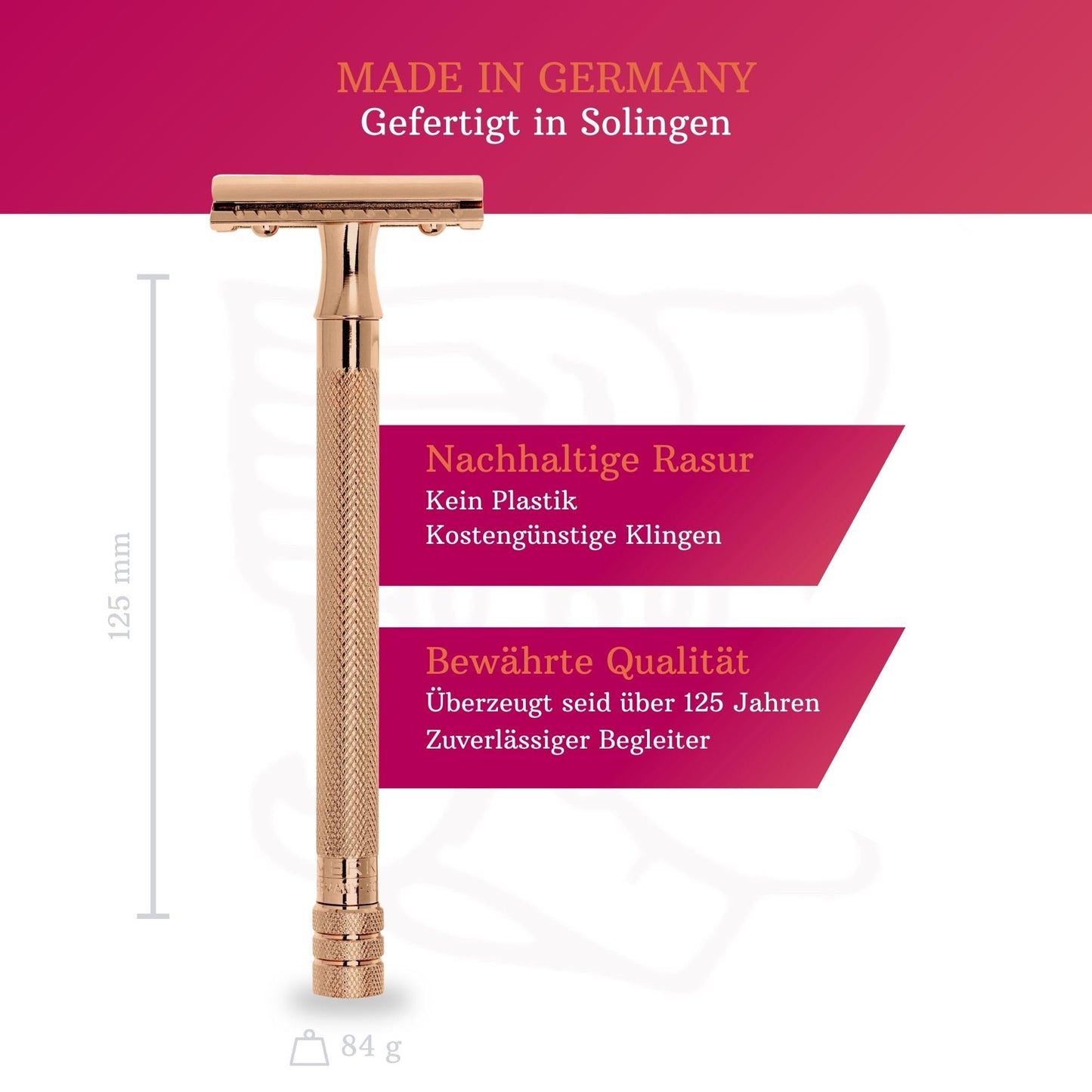 MERKUR Maquinilla de afeitar 24G para mujer con 10 cuchillas de afeitar premium, mango extralargo, maquinilla de afeitar de tres piezas, corte recto, oro rosa, fabricada en Alemania