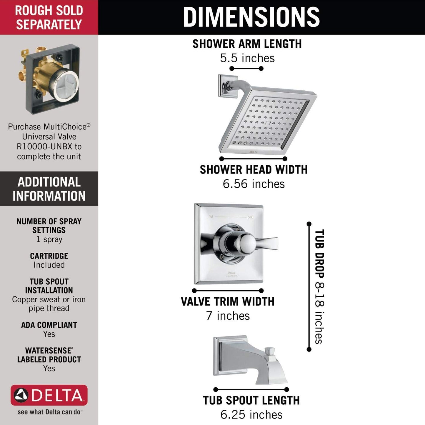 Delta Faucet Dryden 14 Series - Kit de molduras de bañera y ducha de una sola función con cabezal de ducha de limpieza táctil, cromo, flujo de agua de 2.0 GPM, T14451-WE (válvula no incluida)