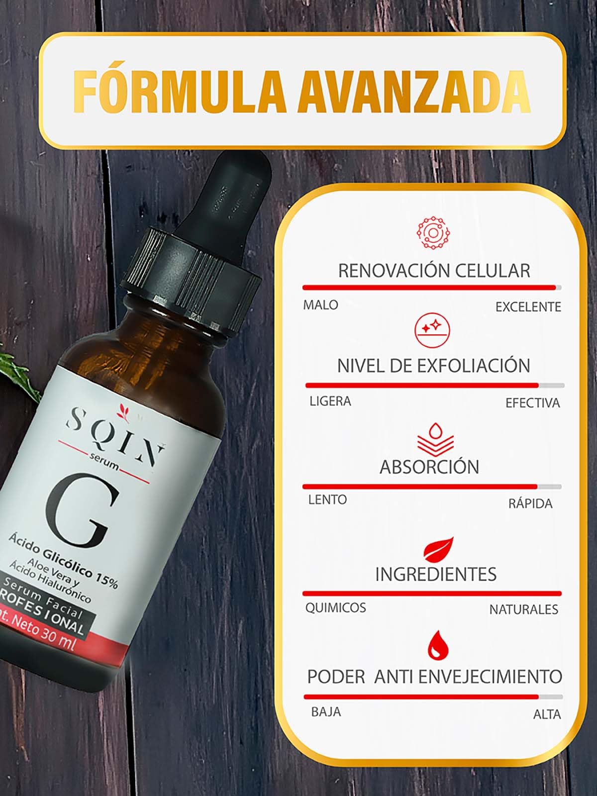 Sqin Luxiena Serum Acido Glicolico y Ácido Hialurónico Facial, Exfoliante Facial, Suero Facial Despigmentante de Piel, Disminuye Arrugas y Manchas, Peeling Facial Aclarador de Piel, Serum de Noche, Skin Care 30 ml.