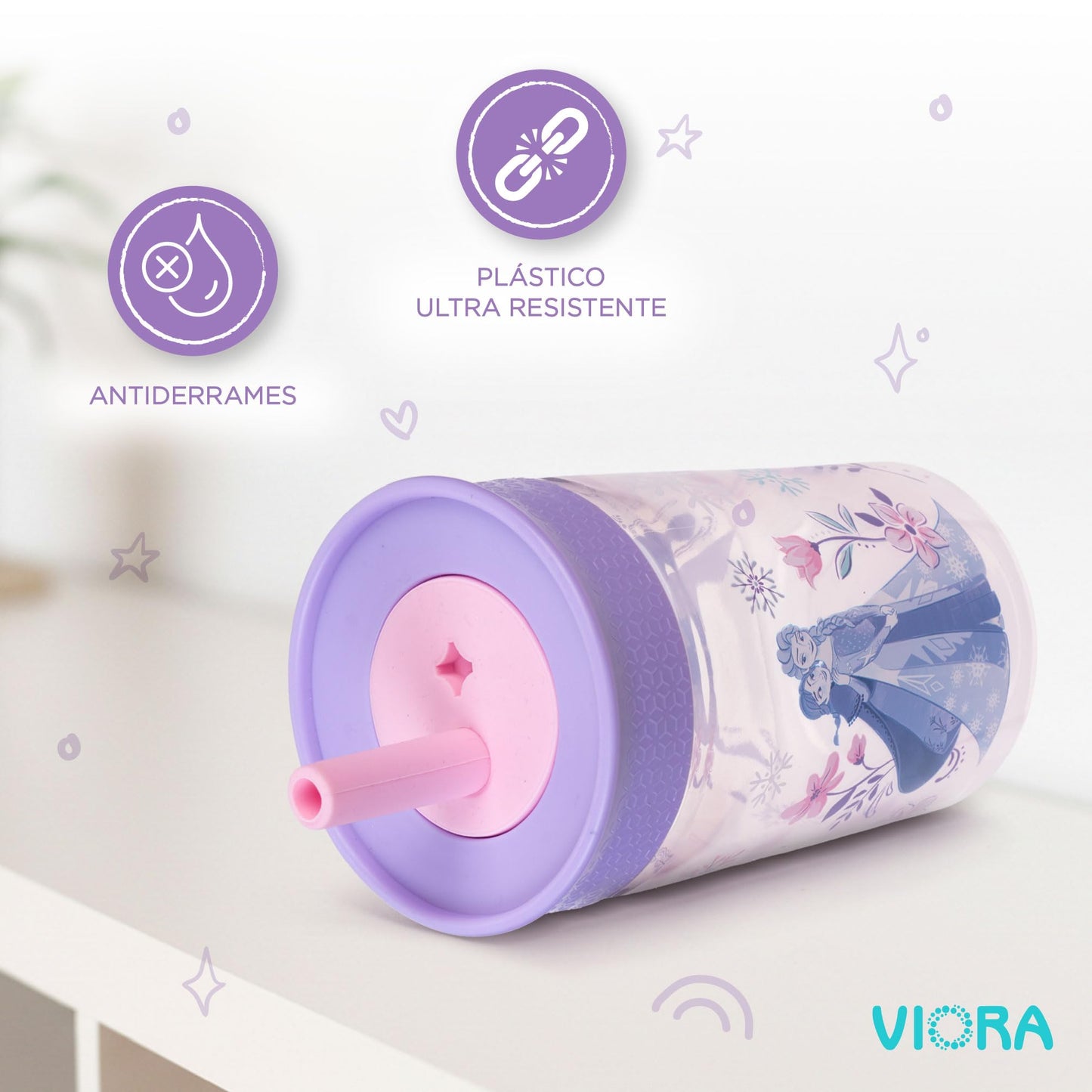 VIORA Termo Infantil Twin Tumb, Vaso Entrenador para Niños de 450 ml (2Pzs), Popote Flexible Antiderrames, Fácil de Limpiar, Ideal para Viajes, Botella de Agua para Niños, Apto para Lavaplatos