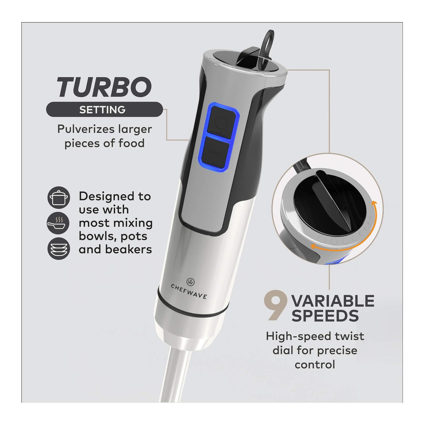 ChefWave - Batidora de inmersión intermixta de mano, 500 W 5 en 1, batidora de mano multiusos de 9 velocidades, vaso de 20 onzas, picador de 20 onzas, batidor de huevo, varitas de inmersión de 6.3