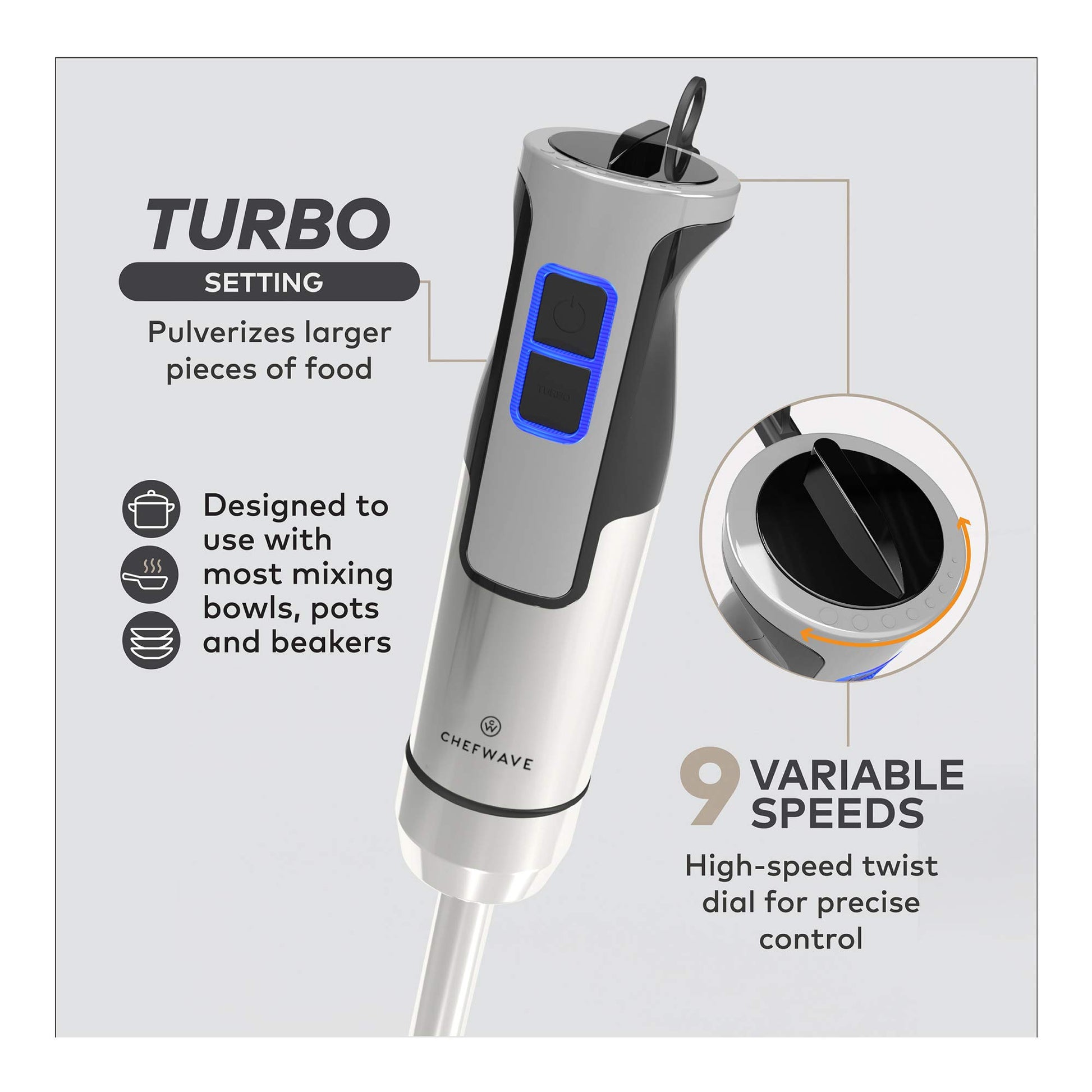 ChefWave - Batidora de inmersión intermixta de mano, 500 W 5 en 1, batidora de mano multiusos de 9 velocidades, vaso de 20 onzas, picador de 20 onzas, batidor de huevo, varitas de inmersión de 6.3
