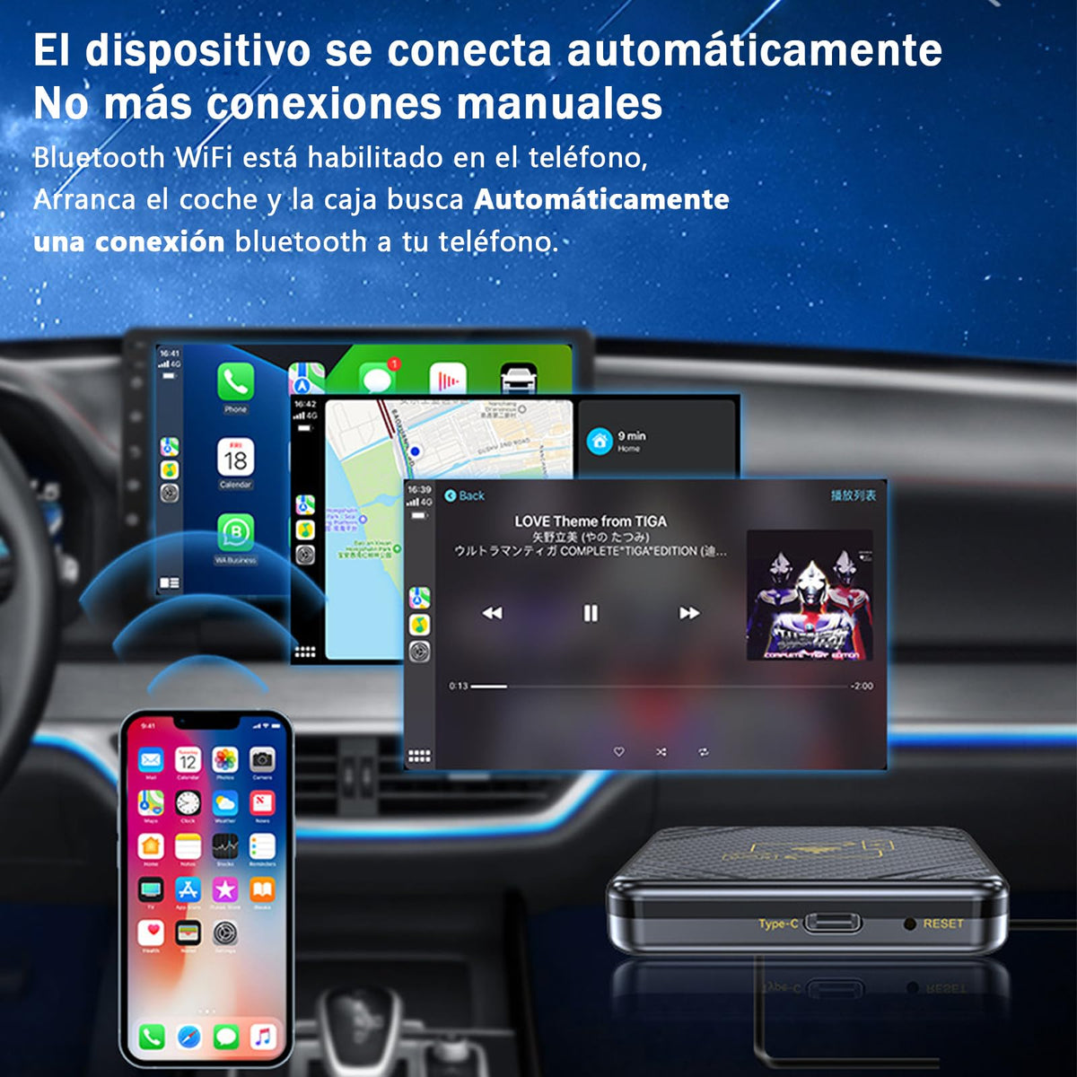 Adaptador Inalámbrico TEVSWCD 5GHz WiFi para CarPlay y Android Auto 2 en 1