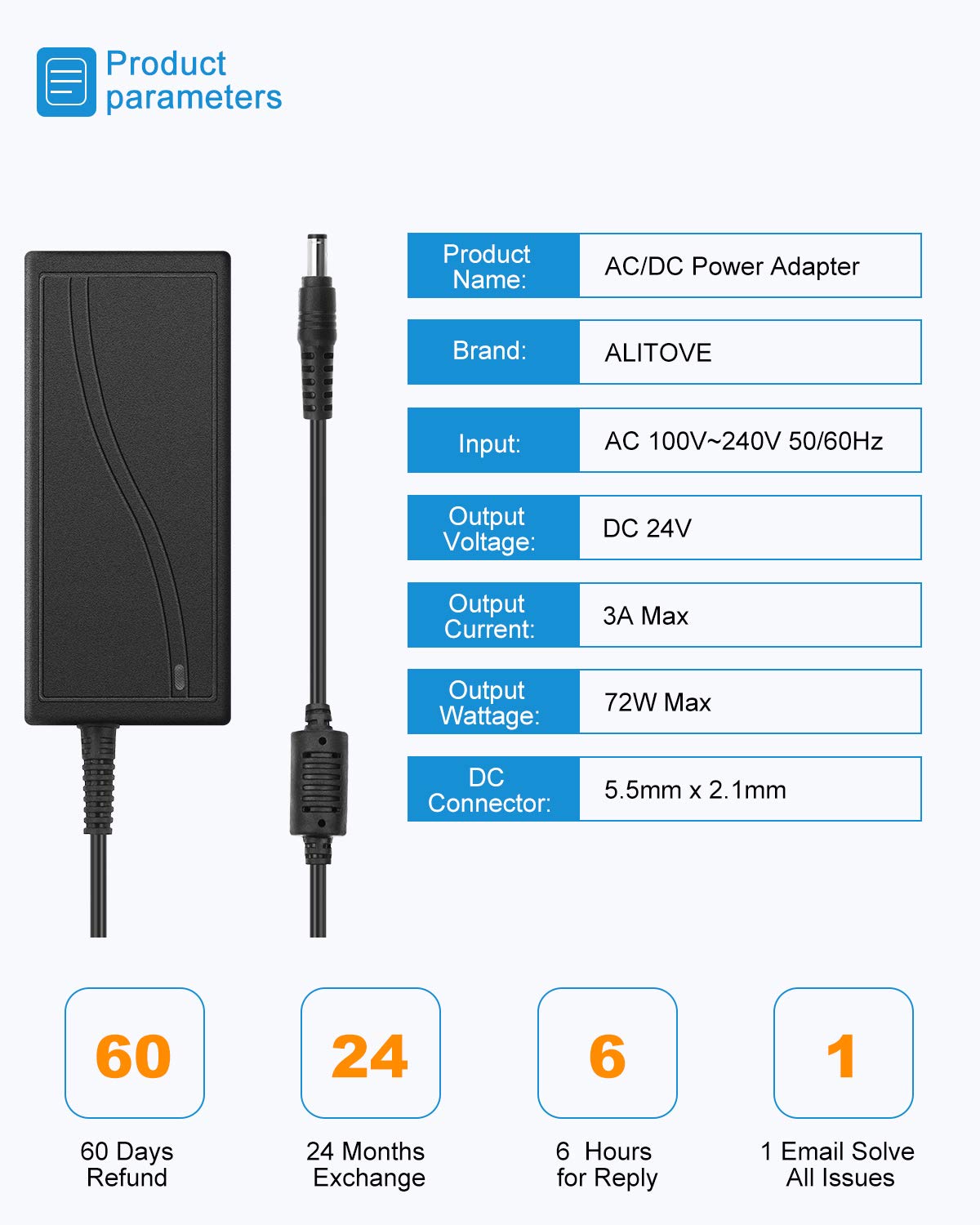 ALITOVE Adaptador de CA a CC 24V 3A Fuente de Alimentación Convertidor de 100V ~ 240V a CC 24V 72W Transformador con Conector de Salida CC de 5,5x2,1 mm para Luz de Tira LED 5050 3528, CCTV