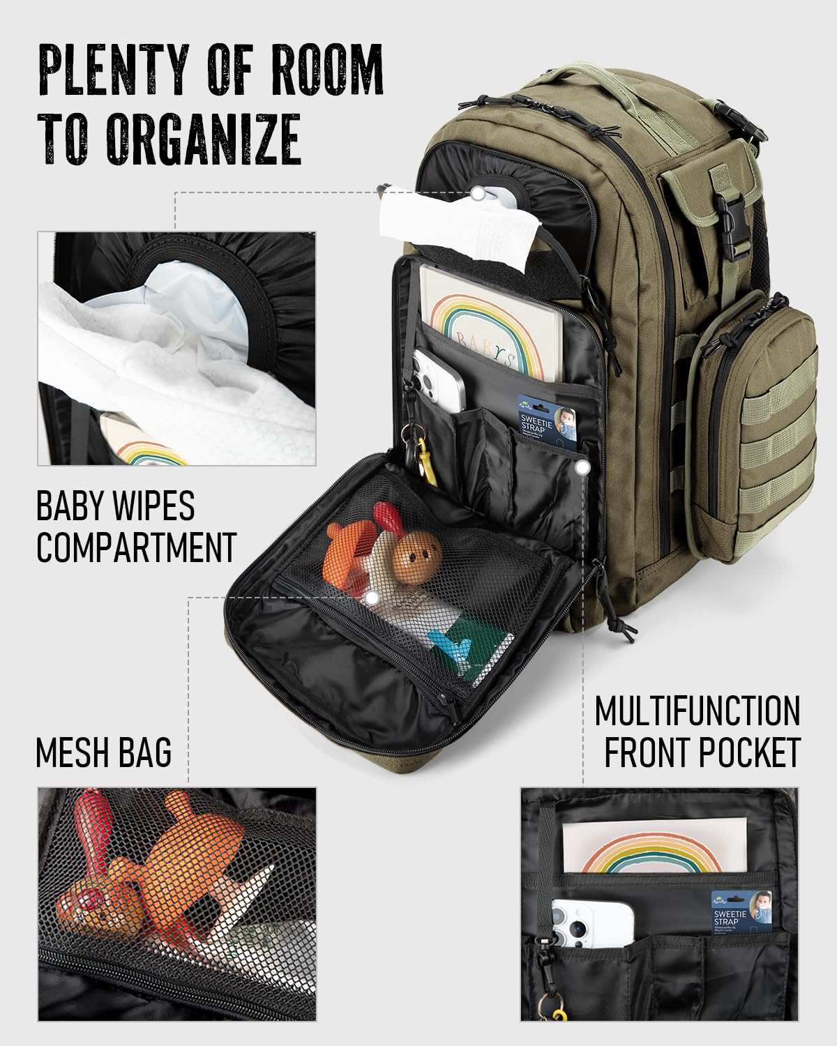 Dinictis Mochila Pañalera de 40L para Papá,Bolsas Tácticas de Viaje para Pañales para Hombres,Accesorios para Bebés para Papá - Verde Selva