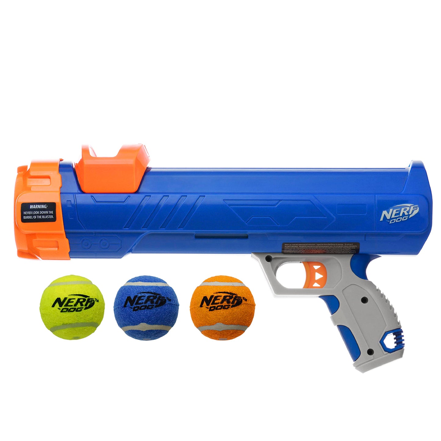 Nerf Dog Blaster de 30,5 cm sin Clip de Bola 3 Pelotas de Tenis de 5 cm – Azul Opaco, Naranja/Gris y Naranja, Azul y Verde
