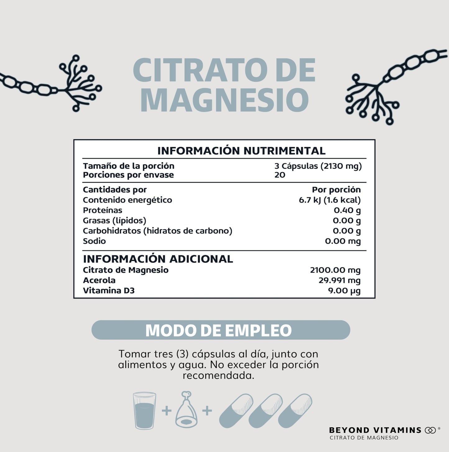 Beyond Vitamins | Citrato de Magnesio 2100mg | Citrato de Magnesio sin rellenos | Suplemento alimenticio de Magnesium Citrate | 60 caps