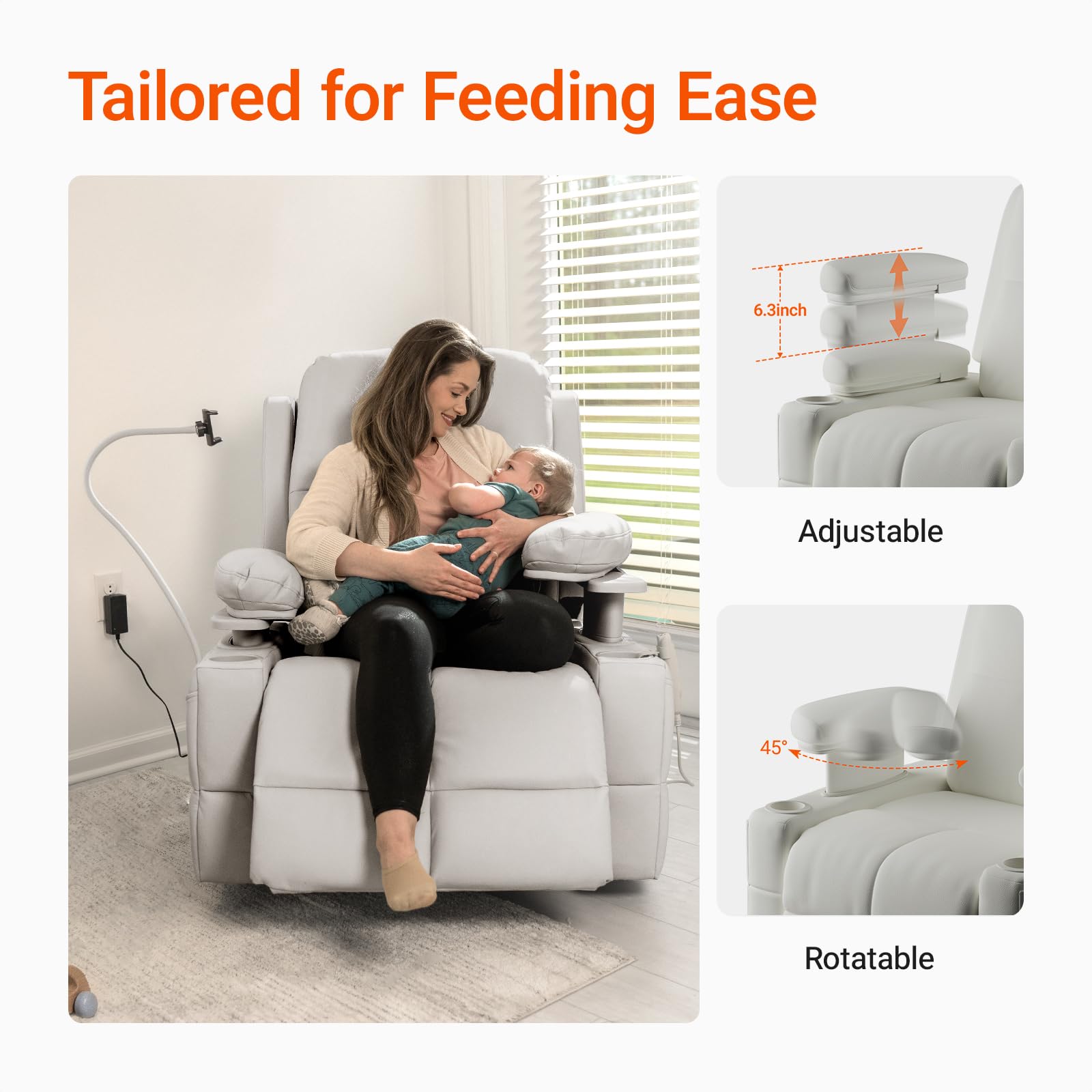 MAMAZING - Silla mecedora para guardería con reposabrazos ajustables, silla reclinable con planeador eléctrico para lactancia, silla reclinable giratoria con puerto USB y almacenamiento, certificado