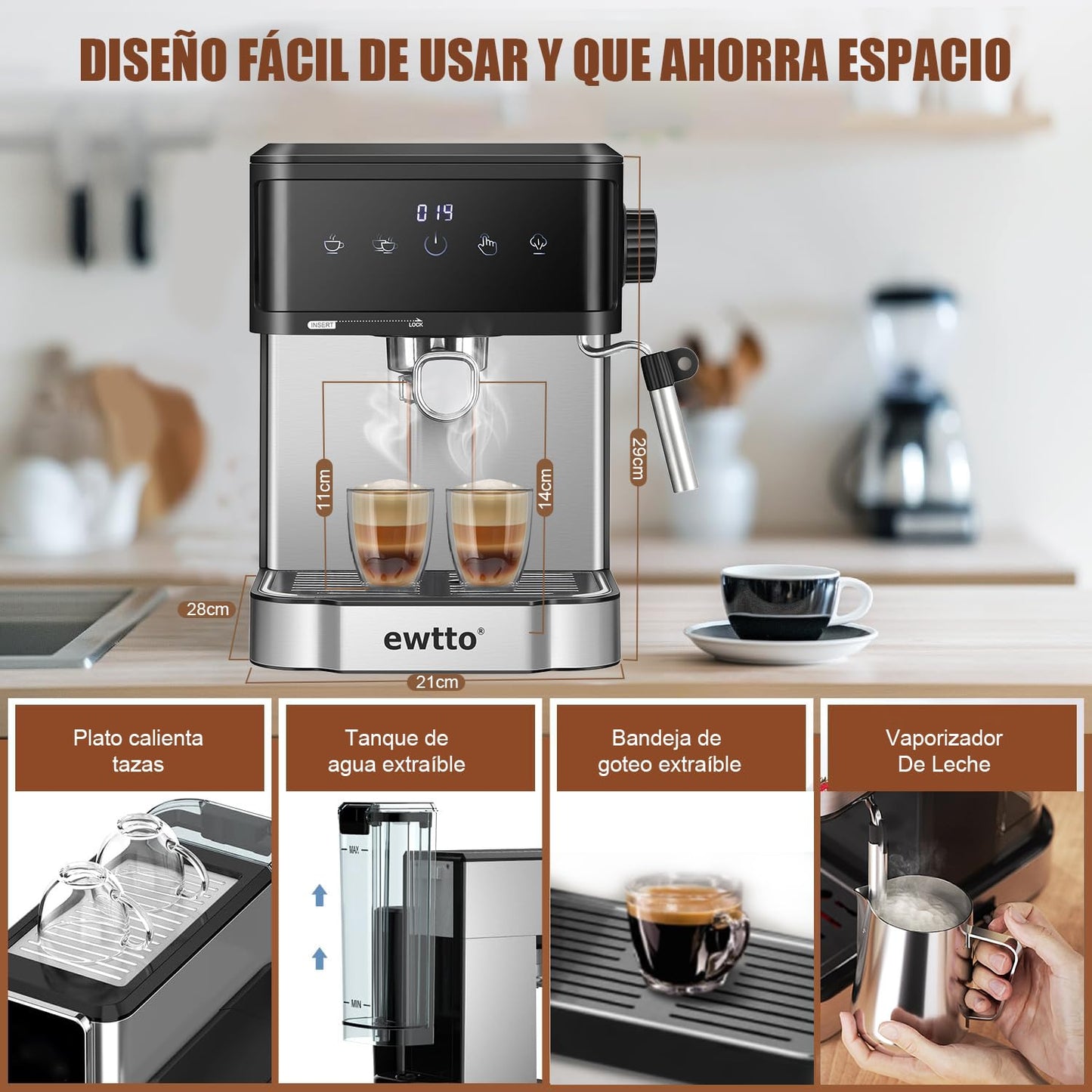 Cafetera Automática de Espresso，Cafetera Espresso y Cappuccino con Espumador de Leche, Pantalla Táctil Máquina de Café Profesional de Capuchinos Mocha y Latte, 1.7L, 20 Bares, 850W