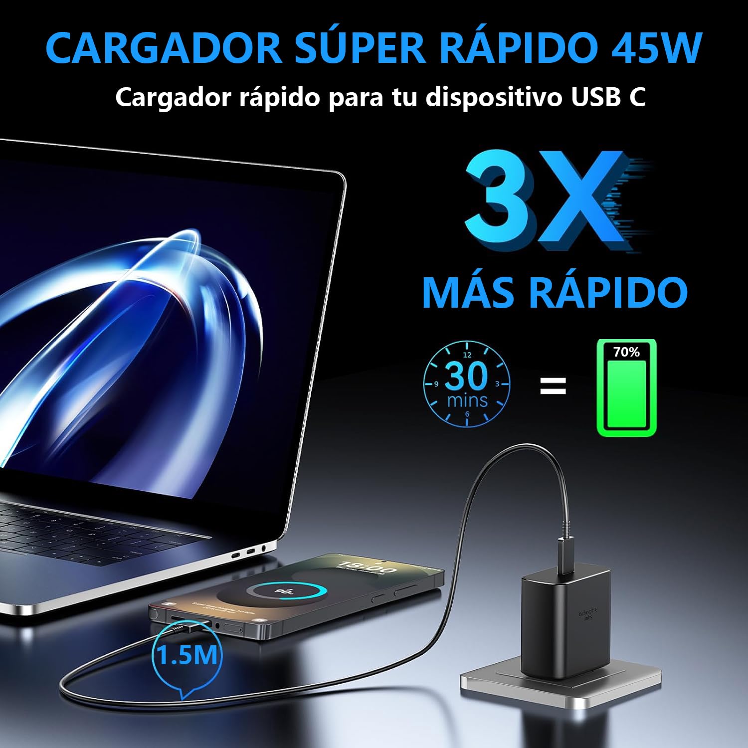 Lifedance 2 Piezas Cargador Tipo C, Cargador 45W Carga Rápida, para Galaxy S25 Ultra/S25/S24 Ultra/S24/S23 Ultra/S23/S22/S21 /Note 10/Note 20/S20, Galaxy Tab S10/S9/S8,con un Cable de 1,5mtr (Negro)