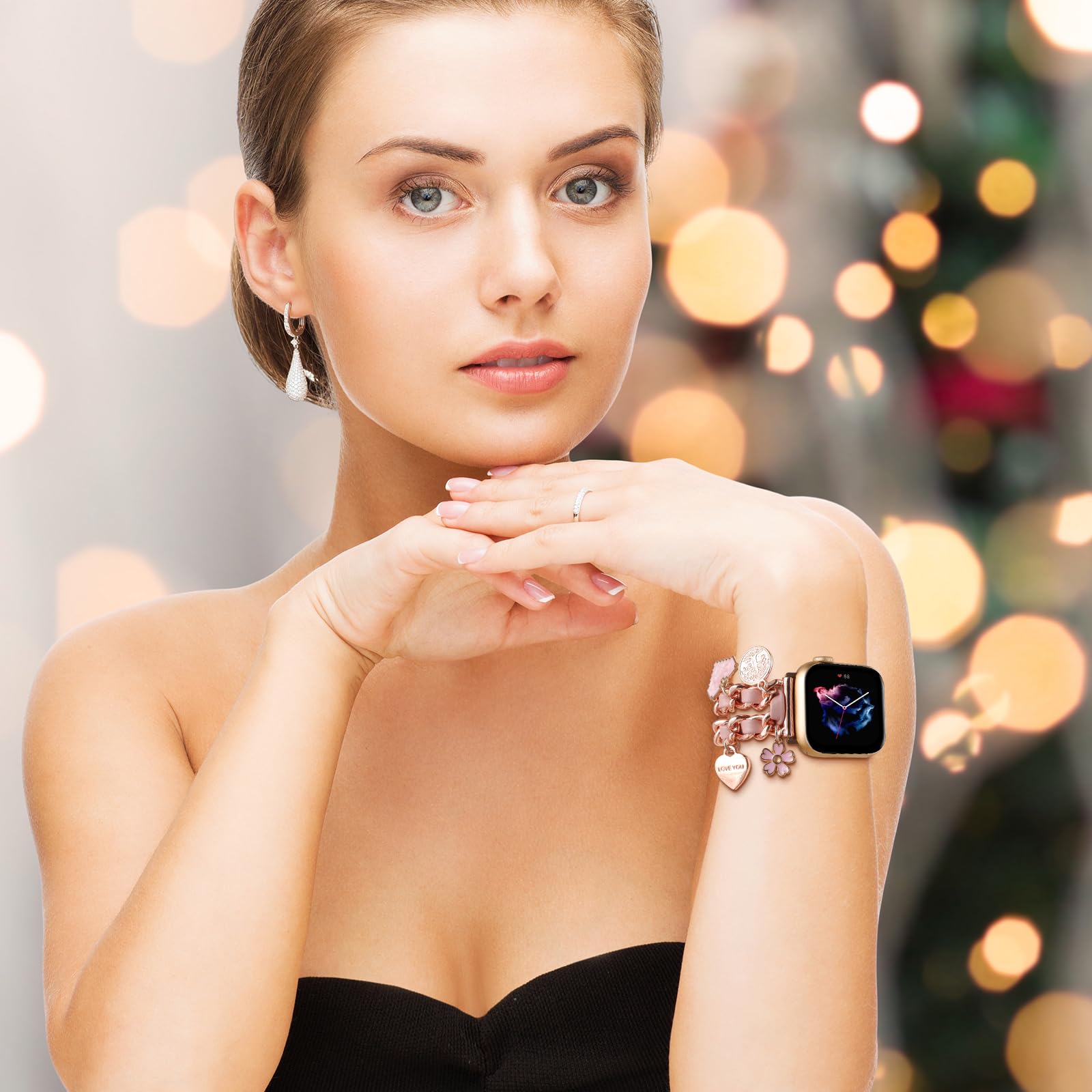 Pulsera Elegante REALSIGN flor oro rosa compatible con Apple Watch eslabones cubanos árbol de la vida para Mujer