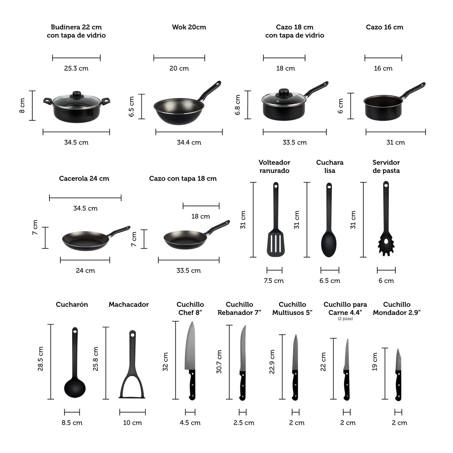 Batería de Cocina Ekco Negro con Antiadherente Serum 19 Piezas de Aluminio