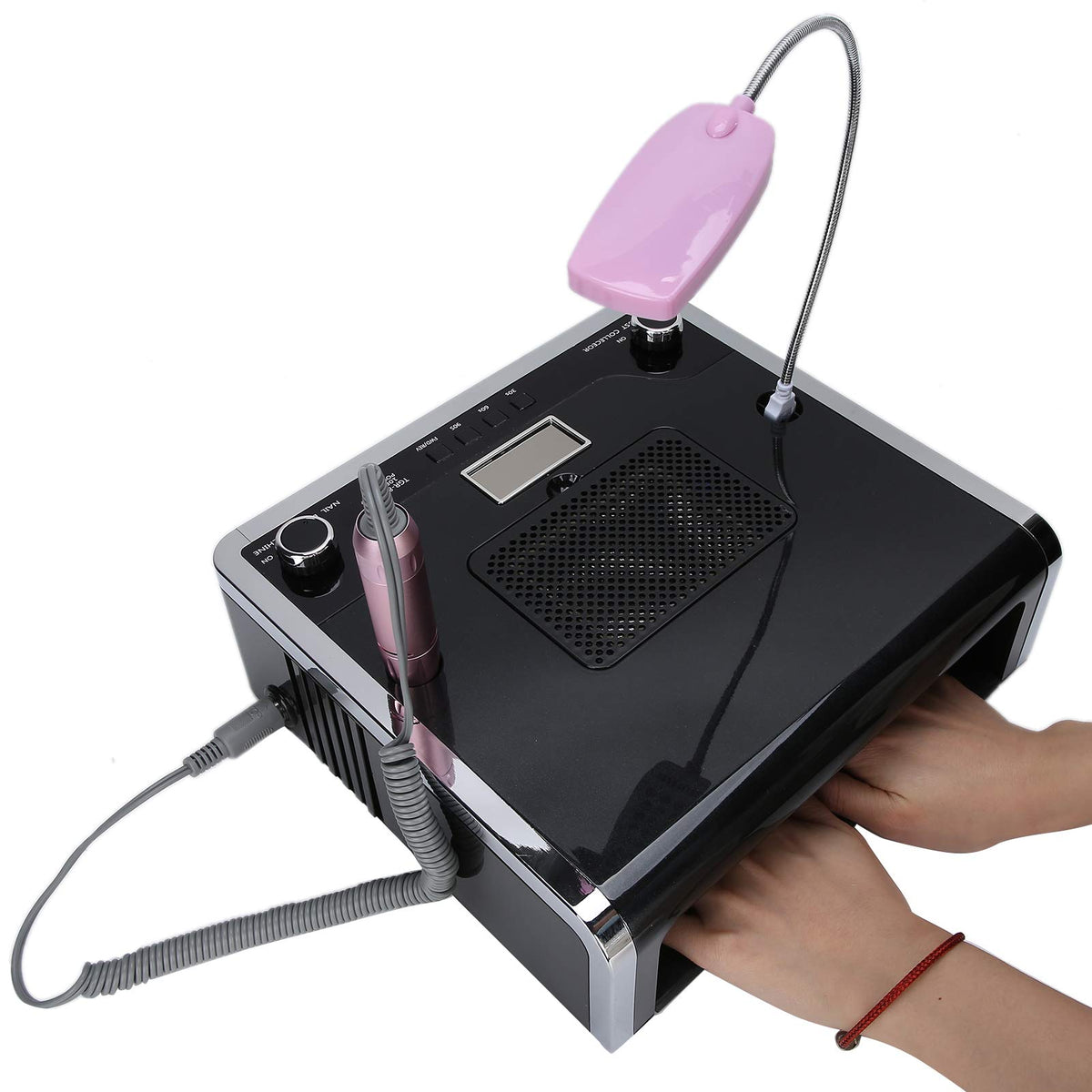 4 EN 1 Taladro de lima de uñas + Colector de polvo de succión de uñas + Lámpara de curado de uñas de gel UV + Lámpara de escritorio LED Secadora de uñas Máquina de pulido de uñas(Black)