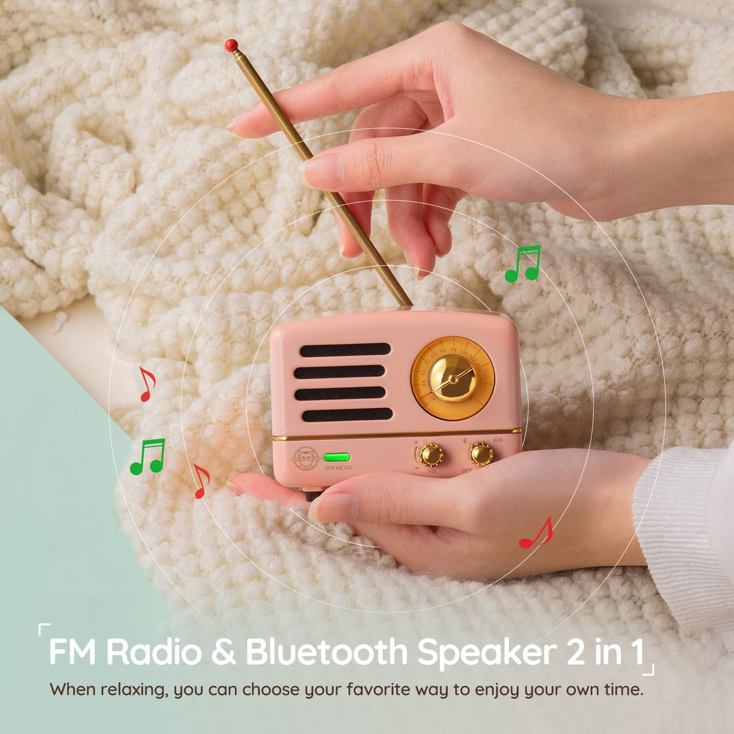 Muzen - Altavoz Bluetooth portátil, Altavoz inalámbrico pequeño de Metal OTR, Radio FM con Antena AUX, 10 Horas de Tiempo de reproducción prolongado, Audio estéreo de Alta fidelidad con veliz,