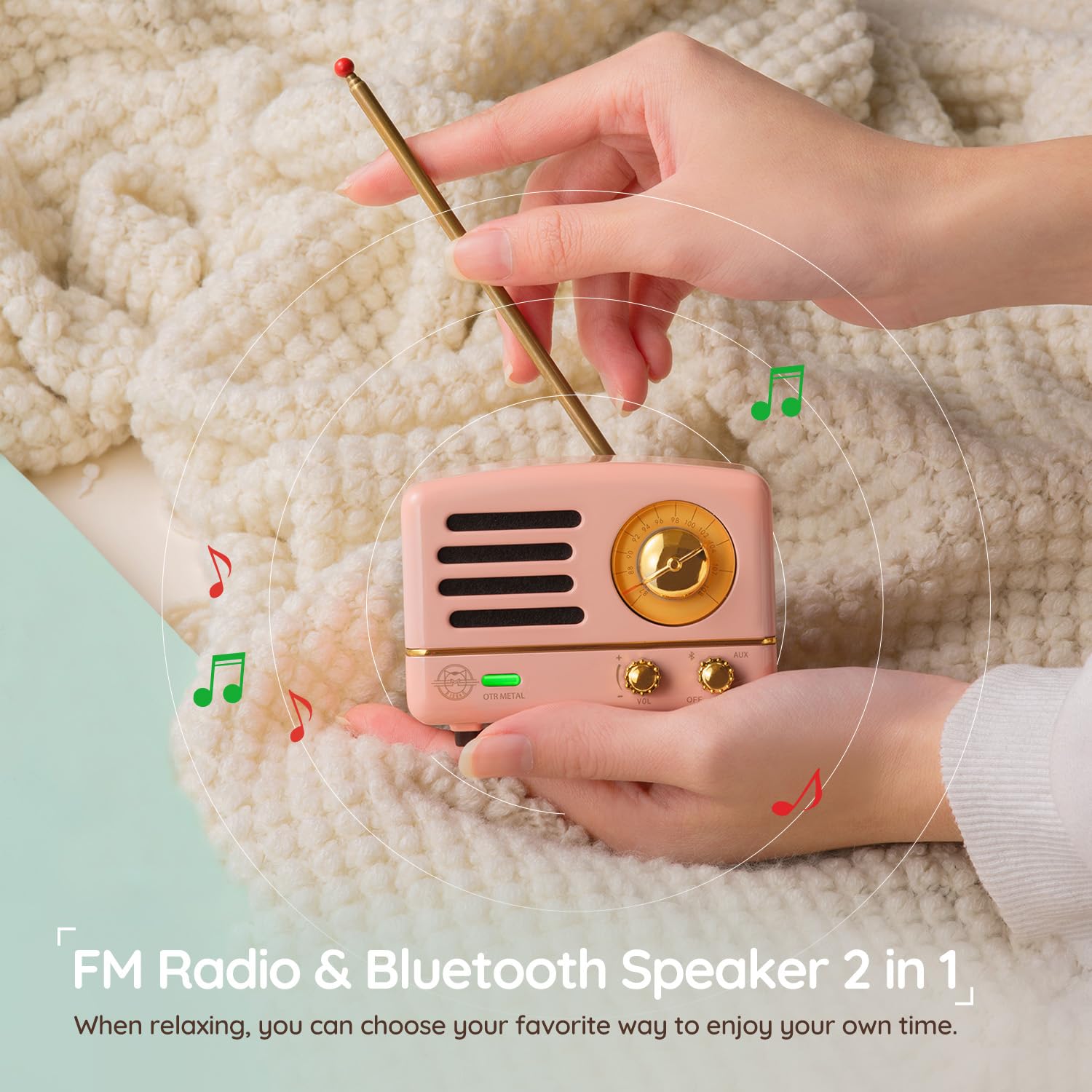 Muzen - Altavoz Bluetooth portátil, Altavoz inalámbrico pequeño de Metal OTR, Radio FM con Antena AUX, 10 Horas de Tiempo de reproducción prolongado, Audio estéreo de Alta fidelidad con veliz,