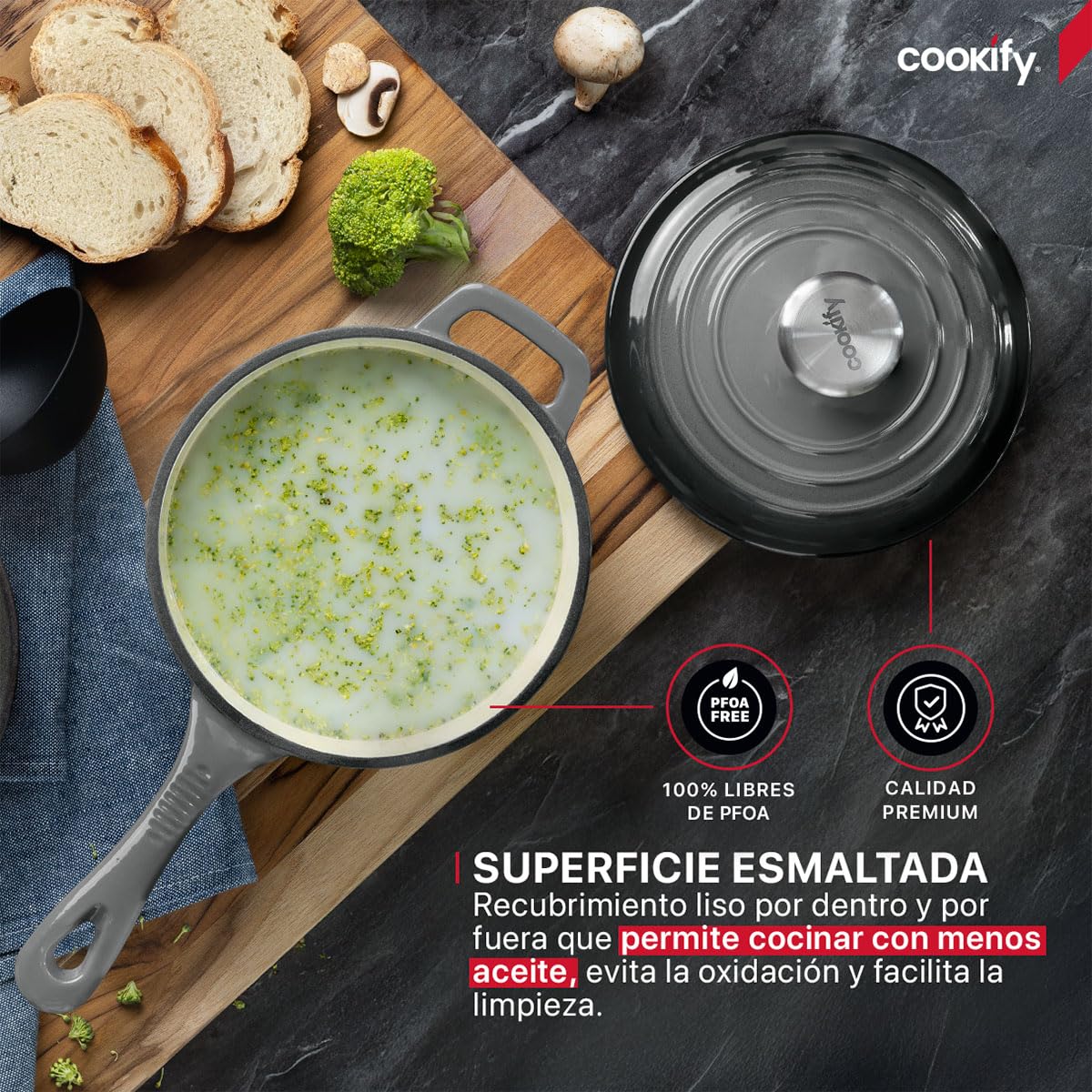Cookify Olla de Hierro Fundido Esmaltado para Horno y Estufa, Capacidad 1.5 Litros (Gris, 17 cm)