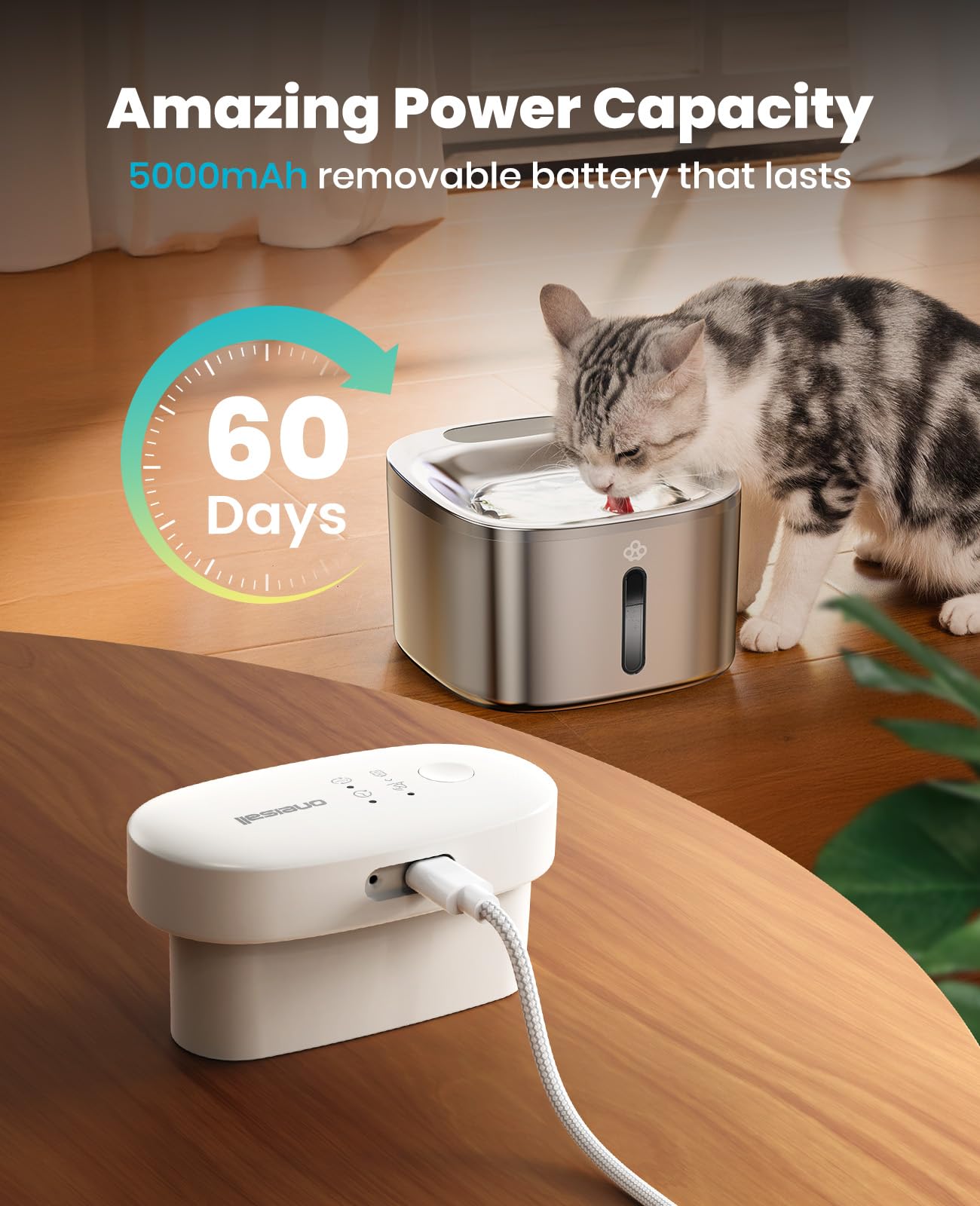 Fuente de Agua Inalámbrica oneisall Acero Inoxidable con Filtros de Repuesto para Gatos en Interiores