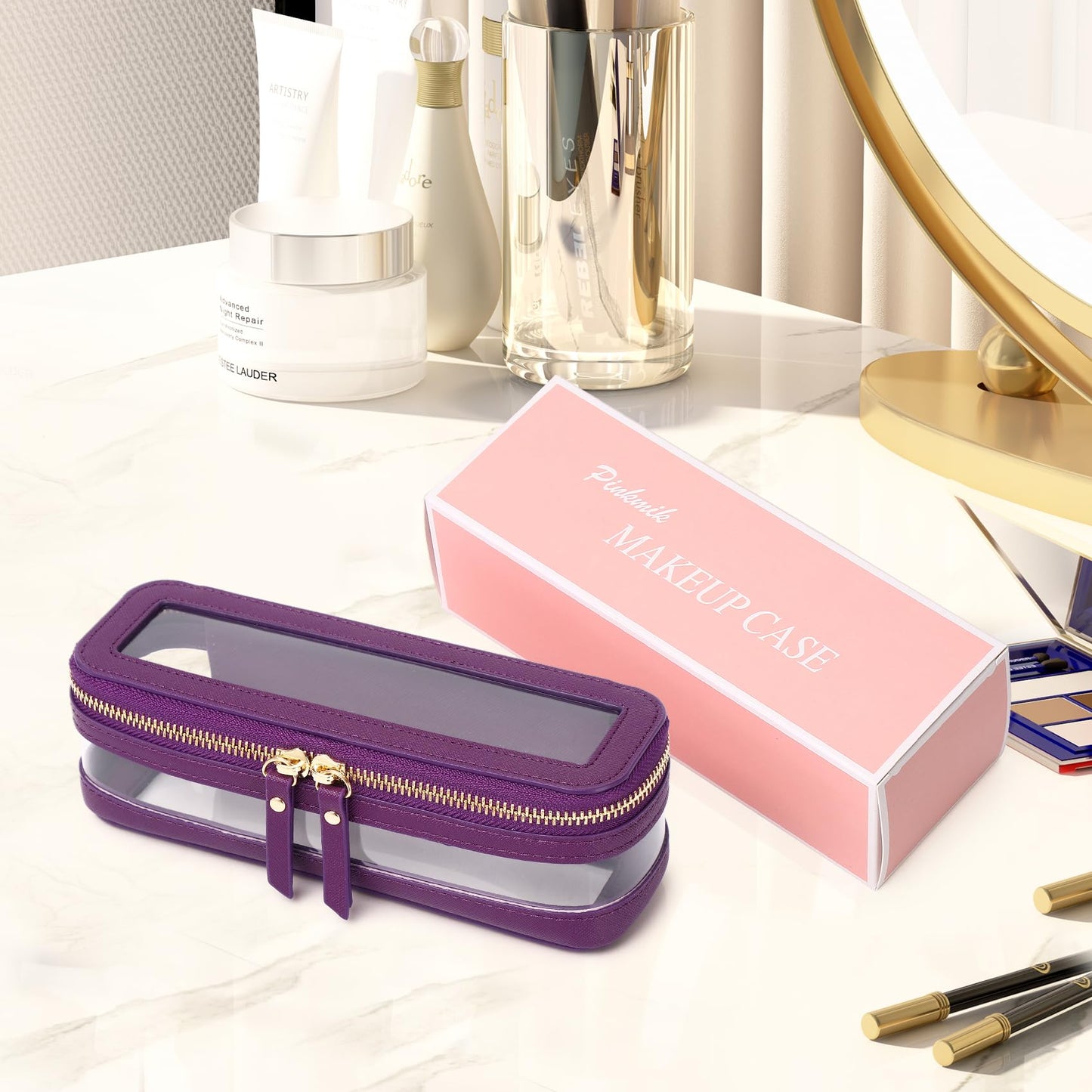 Pinkmik - Estuche para brochas de maquillaje transparente para viajes, bolsa de cosméticos y artículos de cambiador, bolsa de maquillaje delgada con cierre, organizador de cartera pequeño, esencial