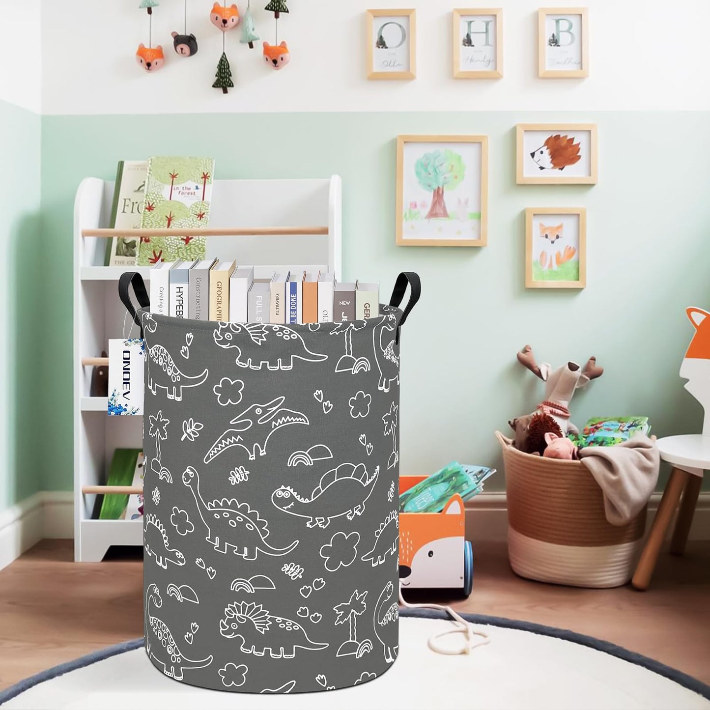 ONOEV - Cestas redondas impermeables de dinosaurios para ropa sucia, cesta de regalo, organizador de juguetes para niños, bolsa de decoración de habitación (dinosaurio de línea gris)