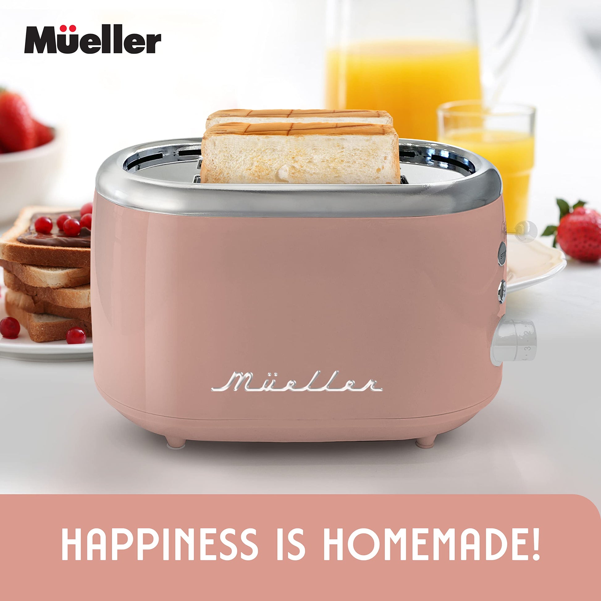 Mueller-Tostador retro para 2 rebanadas, 7 niveles de tostado, 3 funciones, calentar/descongelar/cancelar, acero inoxidable, charola de residuos extraíble, compartimento para cable bajo la base, rosa