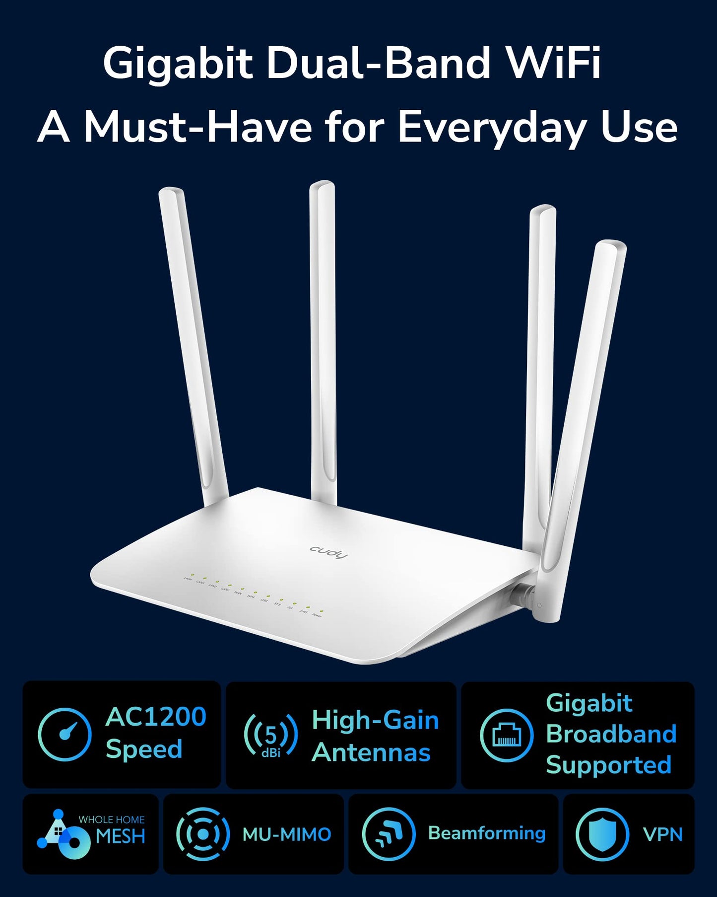 CUDY Ruteador Inalambrico WR1300 Antenas 4, Doble Banda 2,4GHz/5GHz, Wi-Fi 5, Puertos LAN 4, 867 Mbit/s